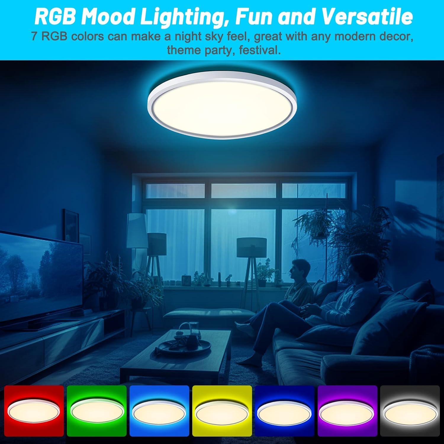 BURNNOVE Plafondlamp 24 W 3200 Lumen Led-Plafondlamp met 7 RGB-Kleuren 3 Lichtmodi 3000 K-6000 K 10-Traps Kleurtemperatuur 8-Traps Helderheid Geheugenfunctie IP54 Waterdicht en