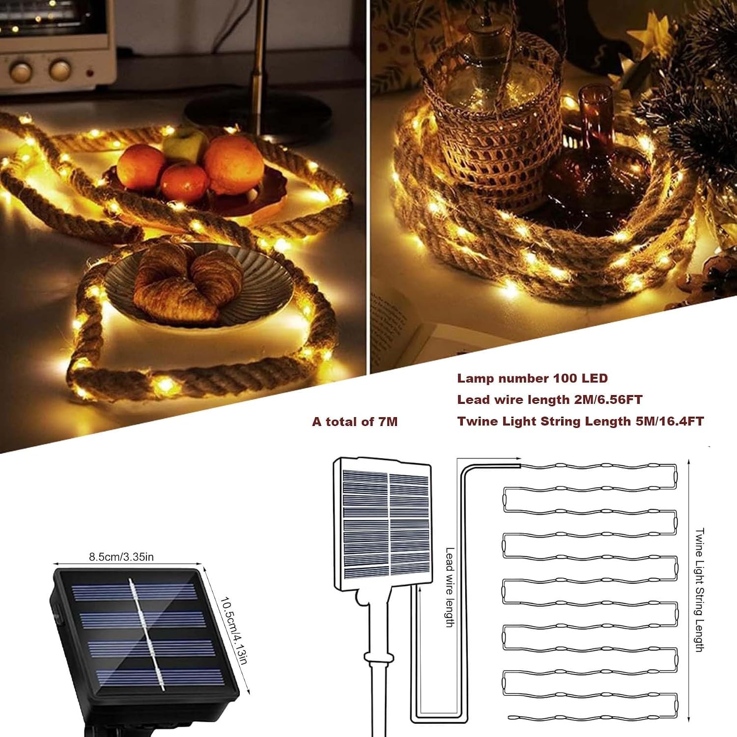 Solar Lichterkette Seil,5M Solar Hanfseil Lichterkett 100 LED(5M100LED)