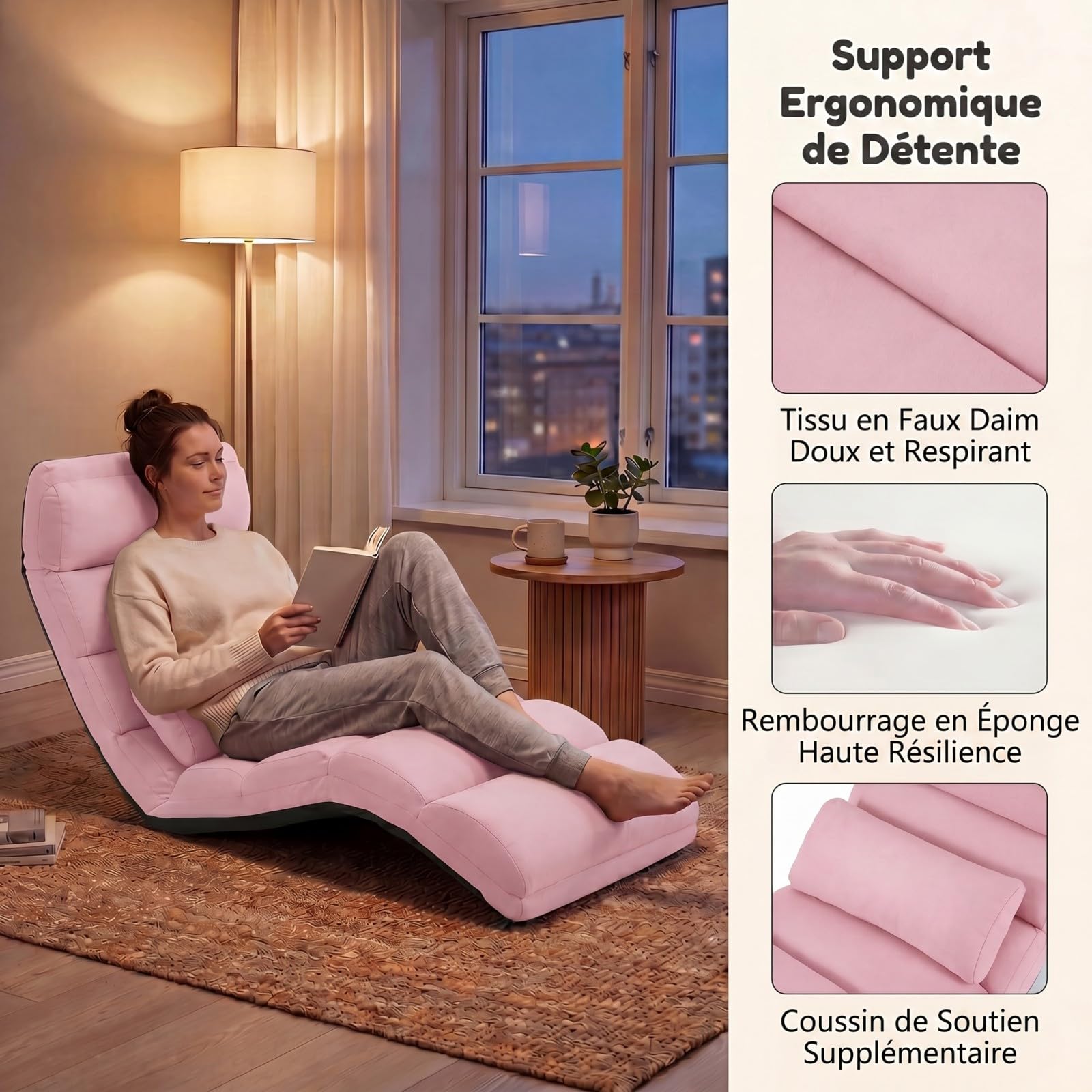 SOARS Fauteuil Salon Relaxant au Sol 5 Positions, Chaise Longue en Daim & Éponge avec Oreiller Rembourré & Repose-Pieds Réglable, Charge 120KG, Méridienne Convertible Bureau Terrasse Chambre (Rose)