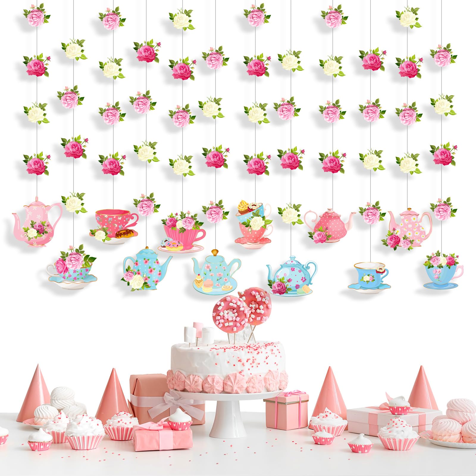 gisgfim 12 Pack Tea Party Decorations Floral Tea Paper Garland Kit Floral Banner Tea Hanging Streamers Strings for Women Girls Home Birthday Baby Shower Bridal Shower Wedding Party Favors