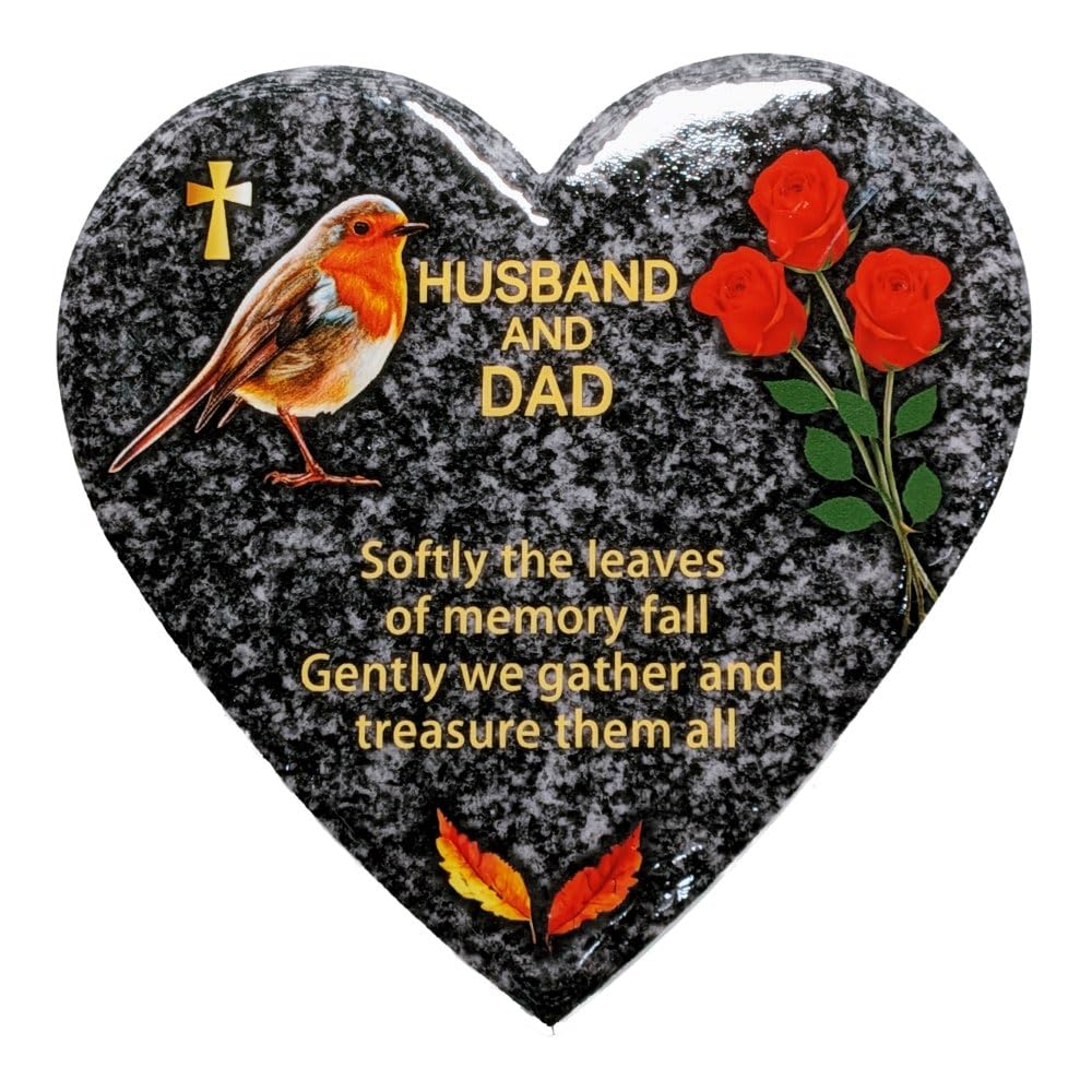 In Memoriam Heart Shaped Tile Grave Plaque (20 x 20 cm Granite finish) (Husband and Dad, Heart 20 cm (Granite))