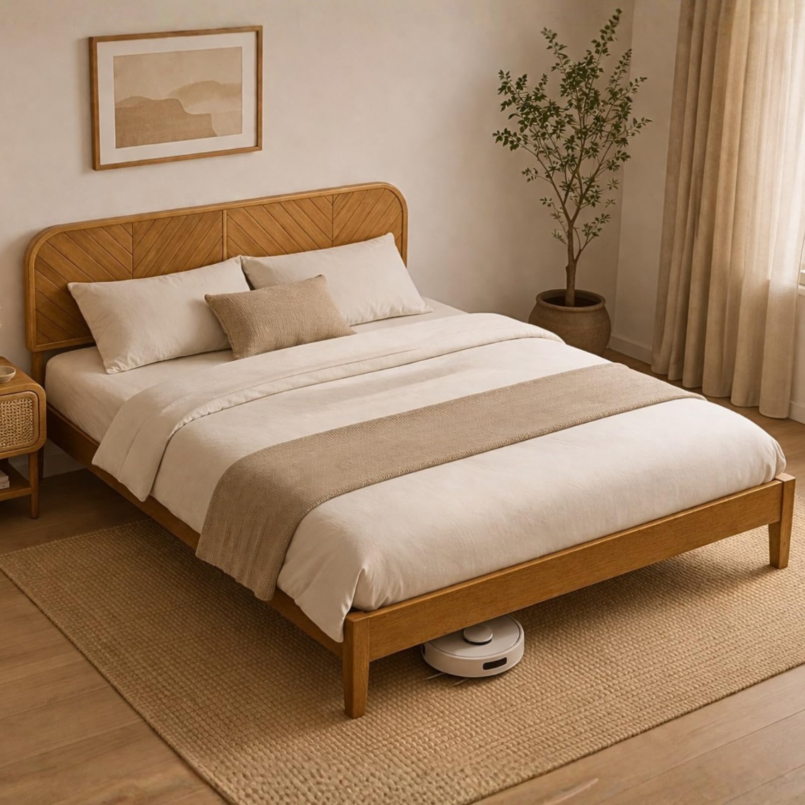 Photo 1 of **FOR PARTS ONLY, DAMAGED PIECES** NATLE & CO Woodmere Premium Bed Frame with Symmetry Headboard, Solid Wood Platform Bed, Wood Slat Support, Tapered Solid Wood Legs, No Box Spring Needed, Mid-Century Modern Style (Honey, King)