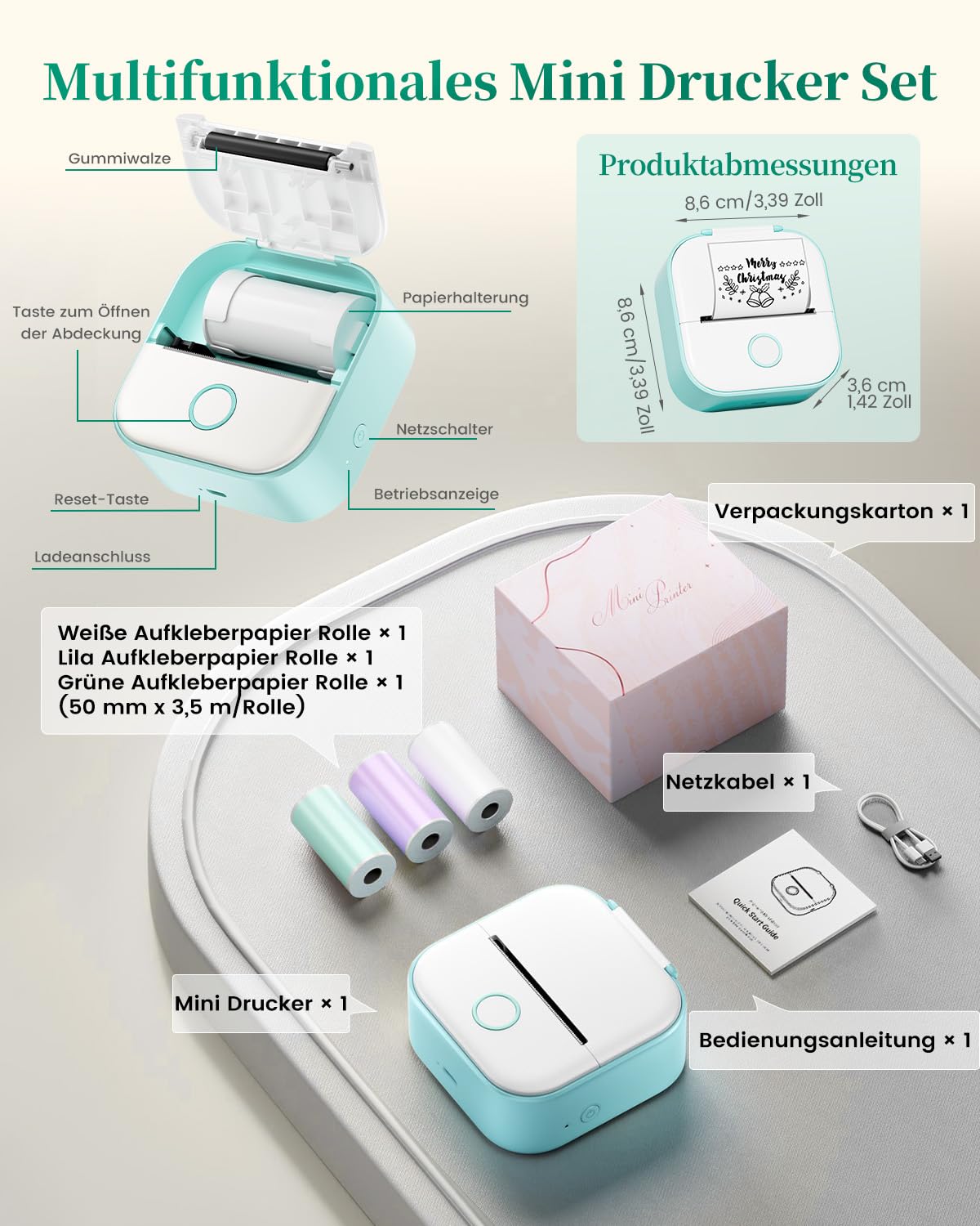 Mini Drucker T02 Mini Drucker für Smartphone Fotodrucker Mini Thermodrucker | Bluetooth Etikettendrucker Minidrucker Aufkleber Drucker für Geschenke, Studiennotizen, Anatomische Diagramme, Fotos