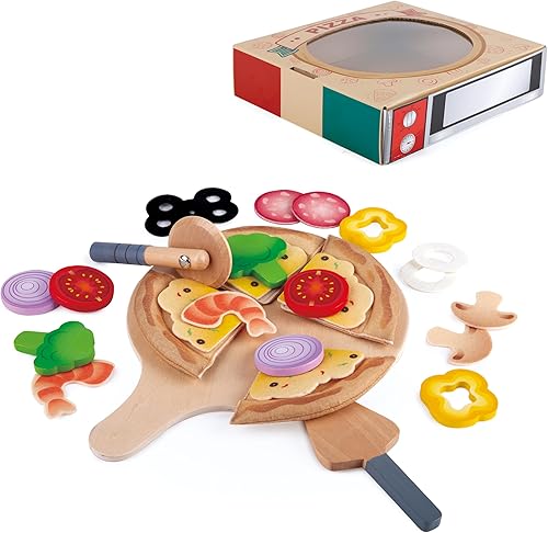 Hape Juego de madera de pizza perfecto para cocina de niños, horno de pizza 2 en 1 y caja de entrega, 29 piezas de juego de simulación para niños