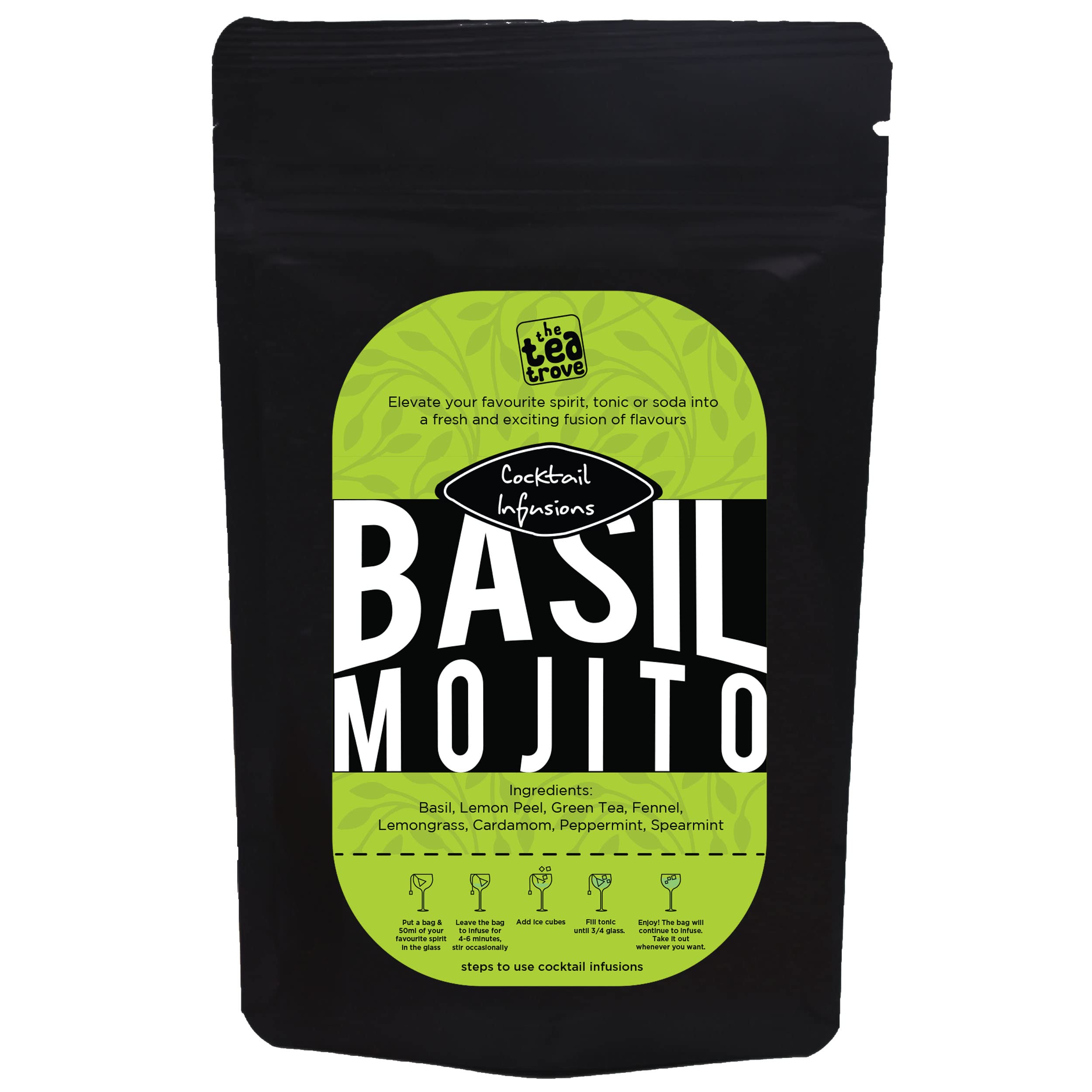 The Tea Trove Zero Basil Lemon Mint Drink Infusion - 10 Basil Mojito Cocktail Mix Infusion Bags for Gin and Tonic Mocktail Vodka & Cocktail Mixer for Bartending Enthusiasts- Bar Gift Set