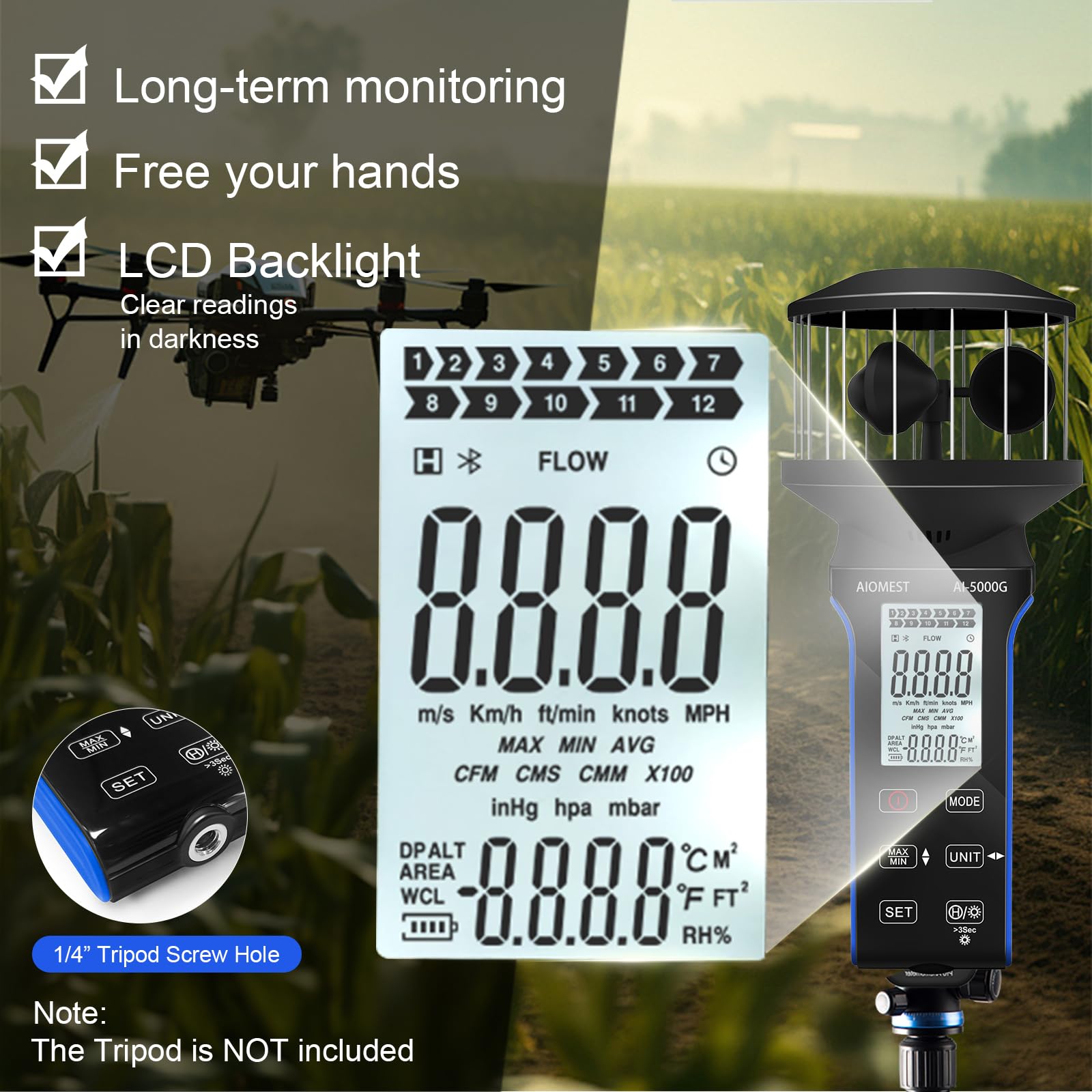 Anemometro Digitale AIOMEST - Misuratore Vento 4 Tazze, Temperatura, Portatile - Per Vela, Surf E Droni