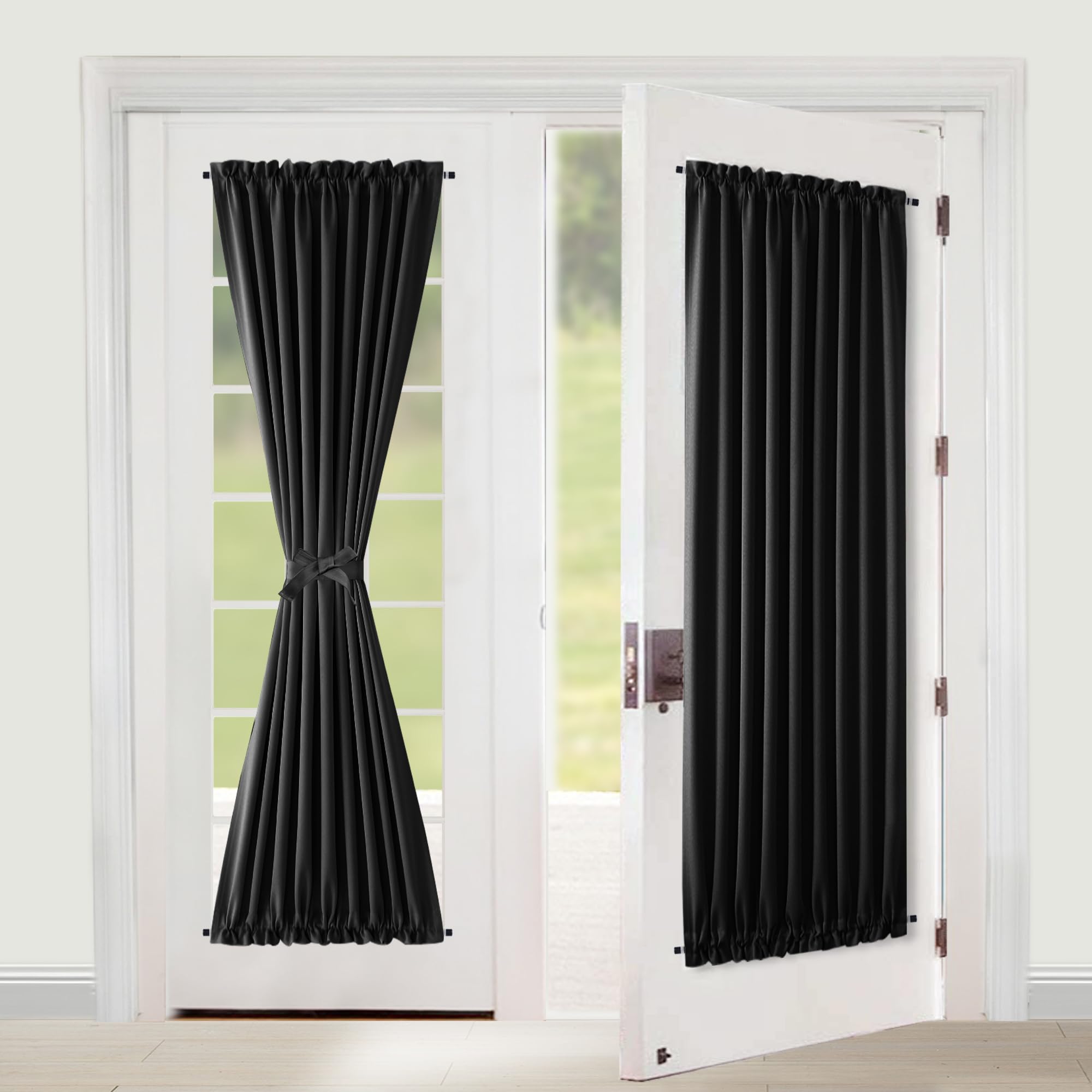 XWZO Door Curtains for Door Window, Thermal and Room Darkening Curtains for French Door, Rod Pocket Blackout Curtains for Kitchen, 54 x 72 inches Long, Black, 1 Panel