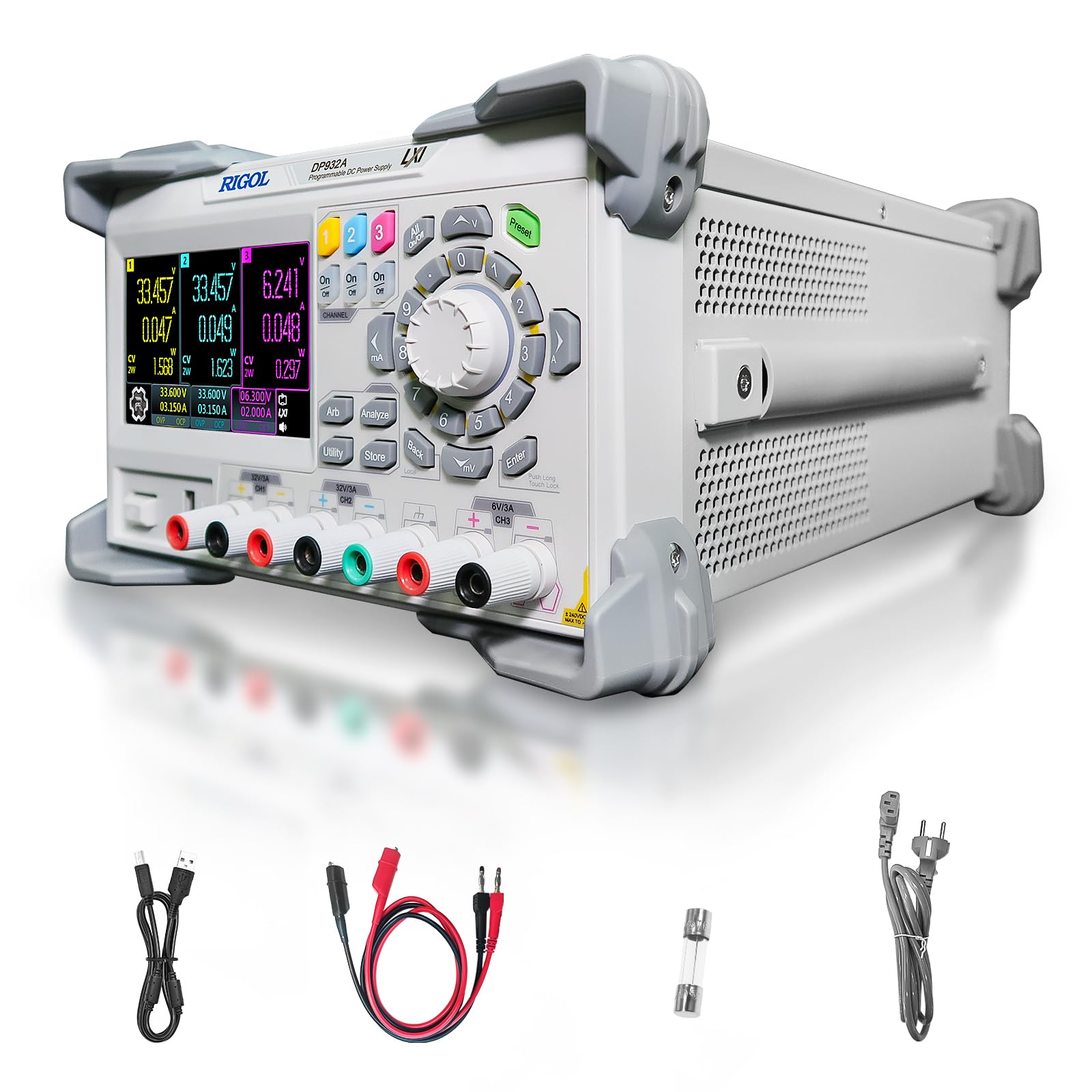 RIGOL Labornetzteil DP932A,Netzteil Regelbar,3 Ausgänge,32V/3A,32V/3A,6V/3A,Auflösung 1mV/1mA,automatische Reihen-und Parallelschaltung,Labor DC-Stromversorgungen