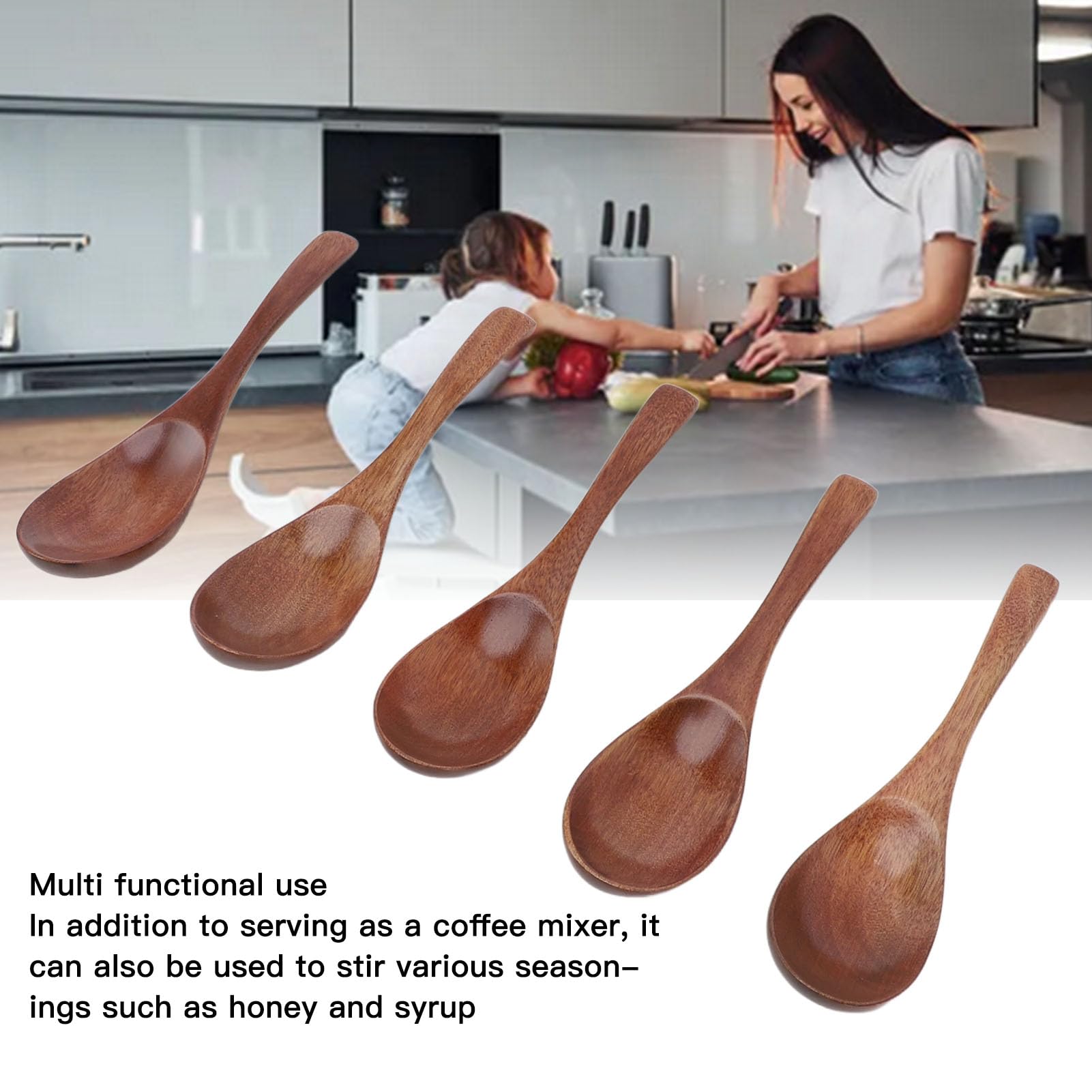 EIMSOAH 5Pcs Wooden Soup Spoons, 6 Inch Long Japanese Style LightWeight Long Wooden Spoon, Handmade Kitchen Utensil for Coffee Tea Drinks