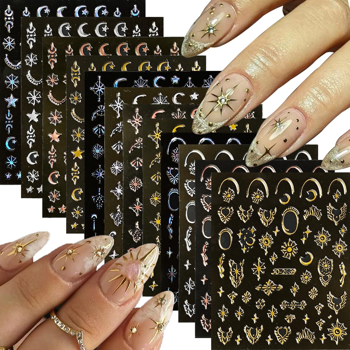12 Sheets Star Moon Nail Art Stickers 3D Self Adhesive Star Moon Nail Decals Gold Aurora Silver Rosegold Nail Stickers for Nails Designs Cute Nail
