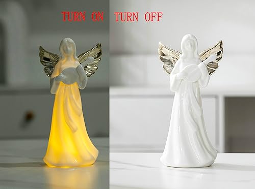 Miniatura 3 de ADAVAS.Y&G Figura de ángel de porcelana con mandolina y luz LED, alas doradas, estatua de ángel de cerámica translúcida blanca cálida para