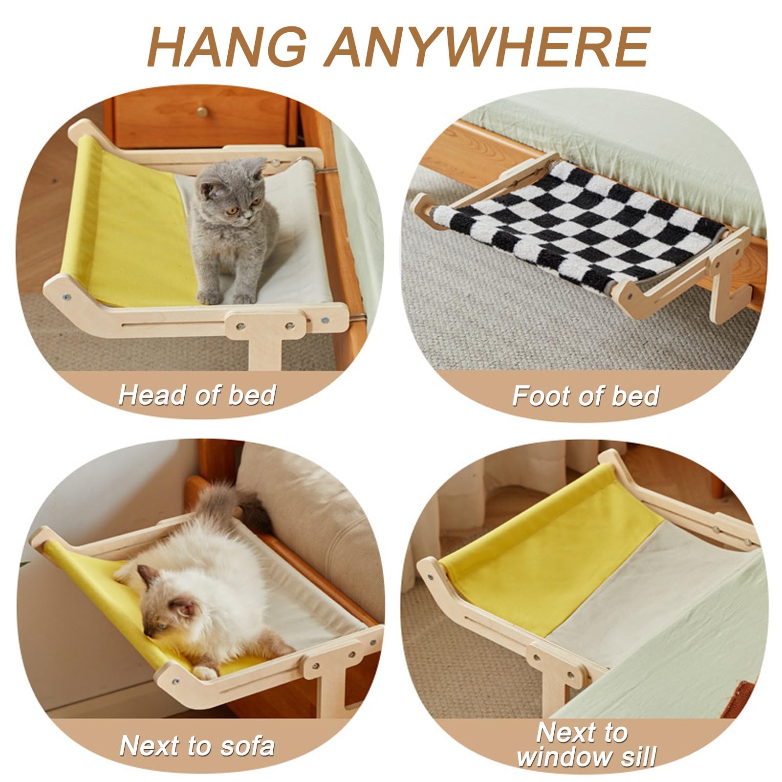 Hamac pour Chat, Arbre a Chat Bois Flotté, Étagères Murales Réglables avec Cadre en Bois Massif pour Rebord de Fenêtre, Table de Chevet et Tiroir(Black)