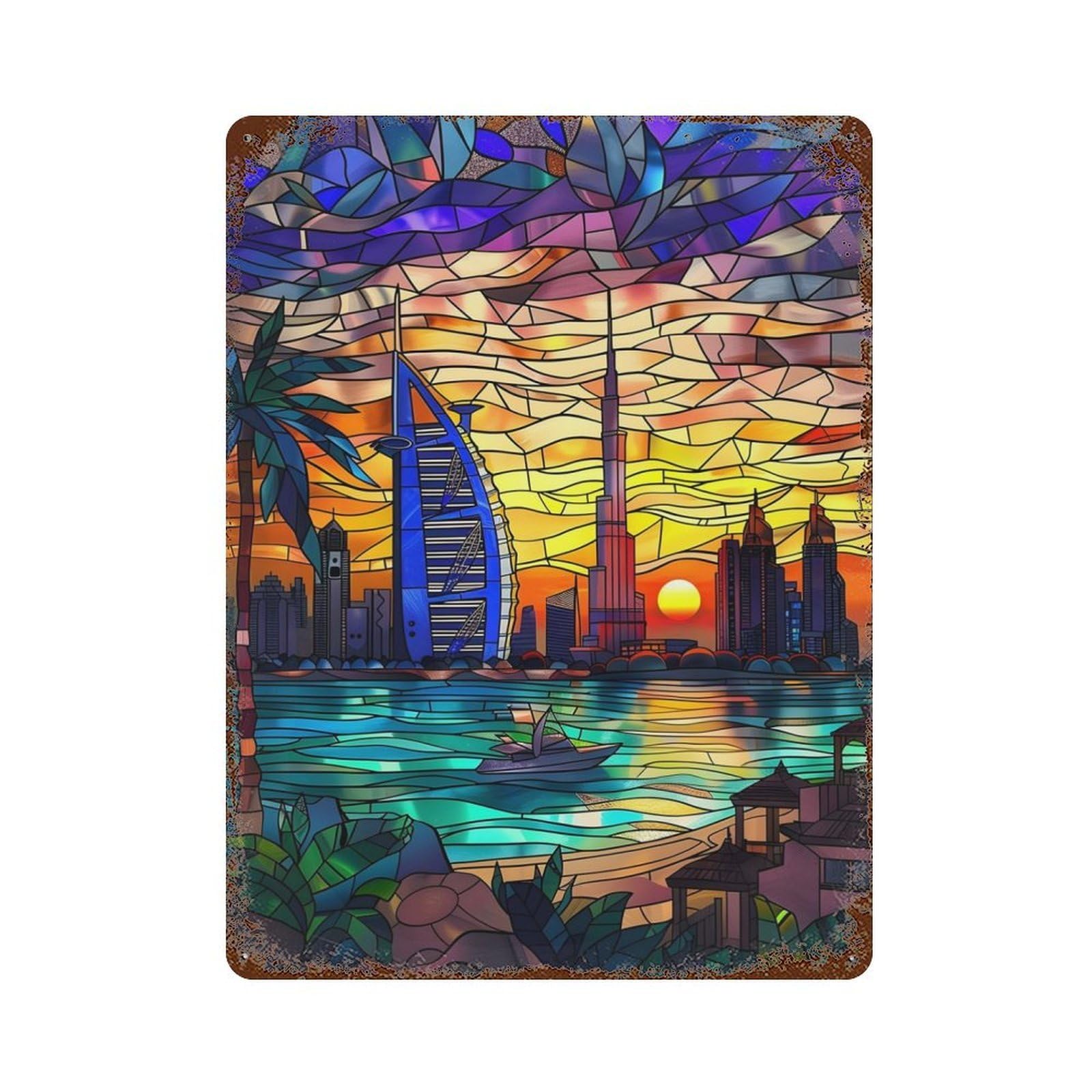 Dubai Sunset Skyline Vintage Metal Tin Sign 15.7"x11.8", Ideal for Cafe, Home Bar And Lounge Decor