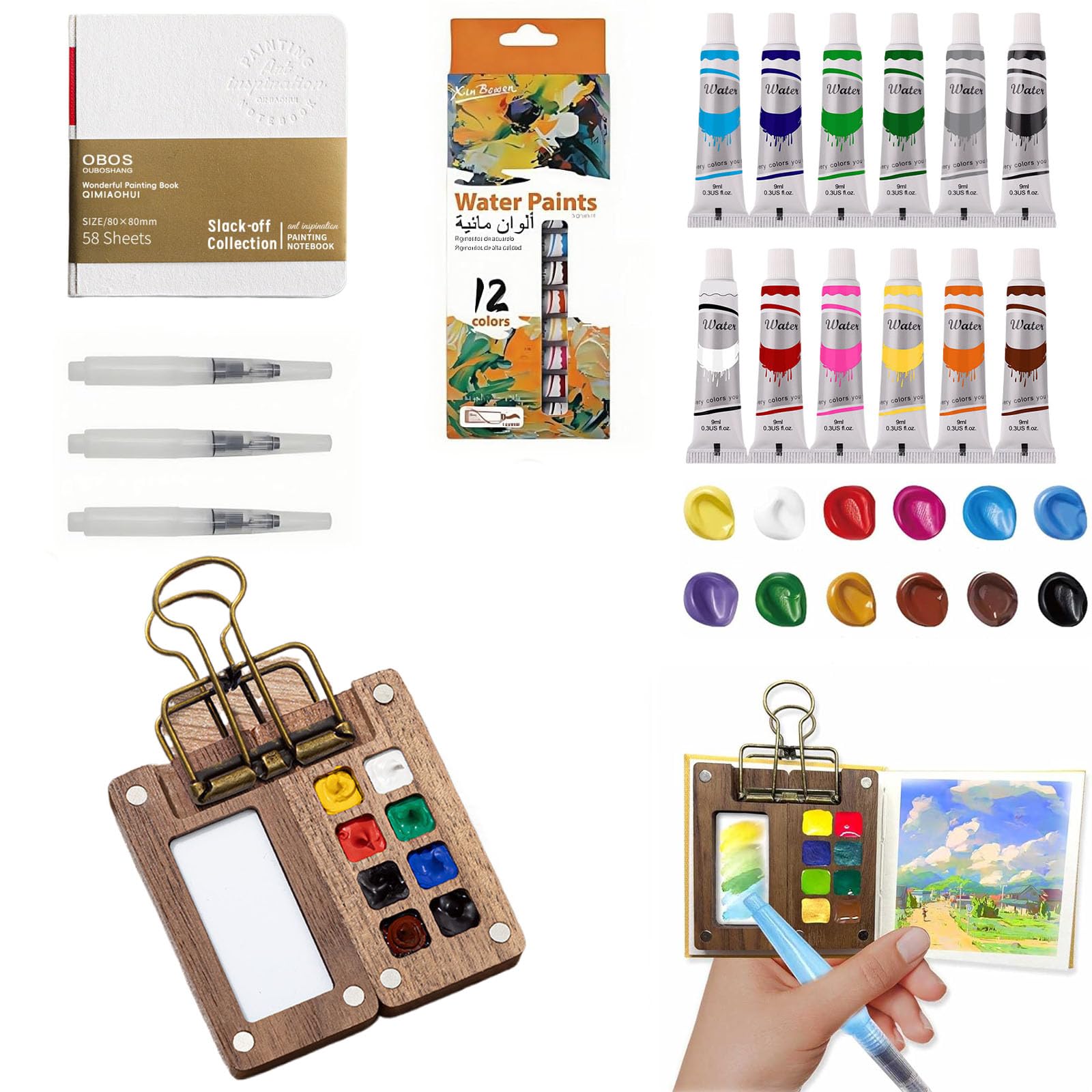 Set Mini Aquarelle De Voyage - 15 Couleurs, Boîte En Bois, Pinceau, Idéal Pour Peinture En Plein Air - 9