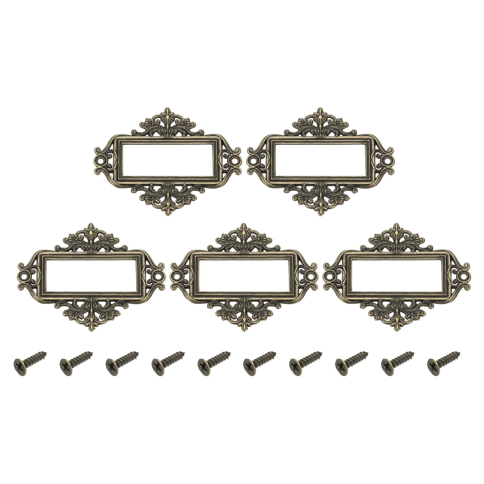sourcing map 5 Pcs Metal Label Holder, 5.5x4.3cm Small Vintage Card Frame Tag Floral Lace Label Holder with Screws for File Boxes Drawers Door Cabinet Book Shelves, Bronze Green โ image 1