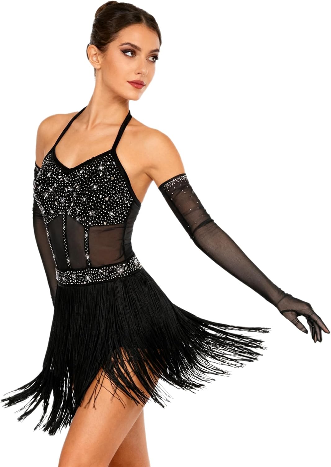 Vxuxlje Womens Latin Dance Dress Rhinestone Sleeveless Tassel Hem Dress Samba Cha-cha Dancewear