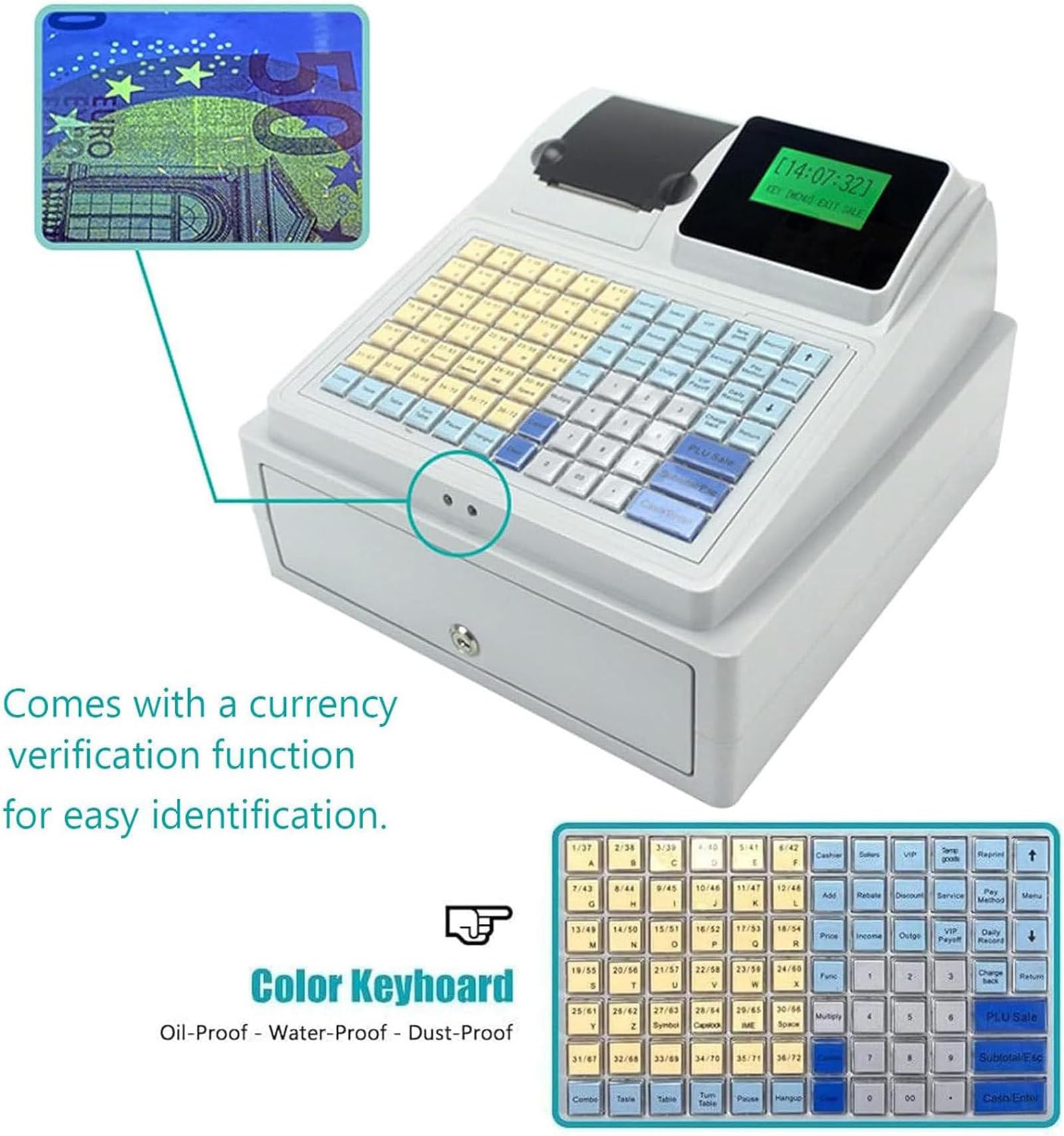 Caja registradora para pequeñas Empresas con escáner, máquina registradora electrónica con Papel, Interfaz USB,Copia de Seguridad de Datos,impresión de informes,EU