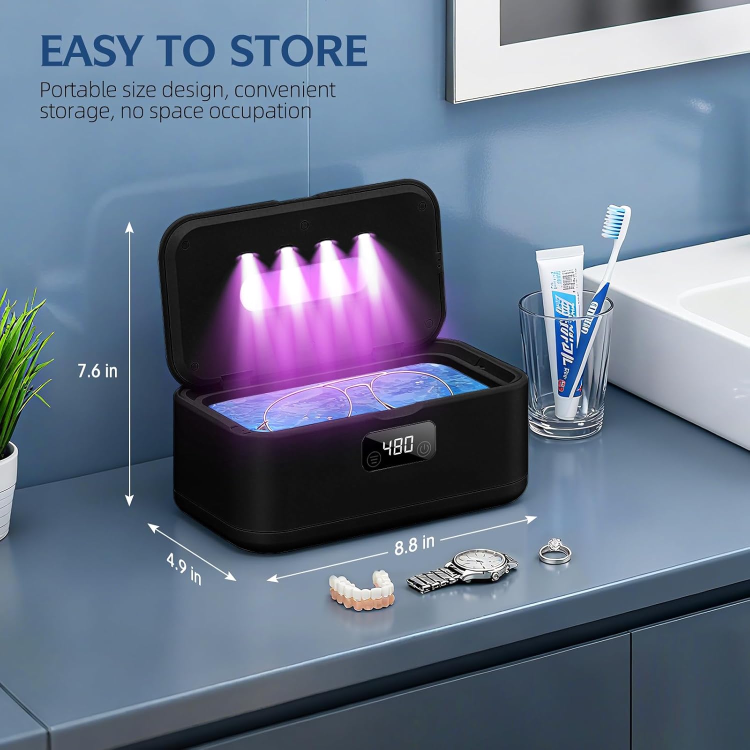 Ultrasonic Jewelry Cleaner, 50Khz Jewelry Cleaner Ultrasonic Machine for Jewelry, Eyeglasses, Rings, Watch Strap, Dentures, 24oz - 304 Stainless Steel Tank, Digital Timer, 5 Cleaning Modes(Black)