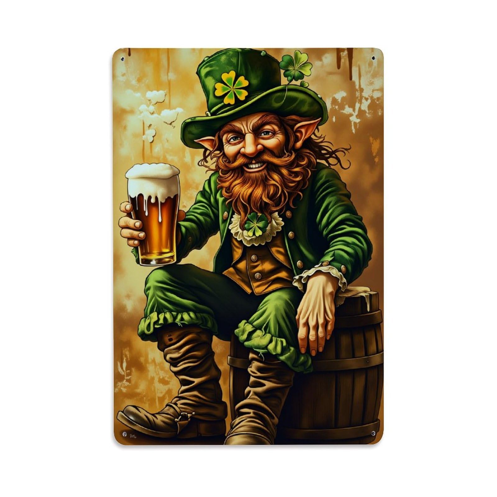 Enderetf Vintage Leprechaun Holding Beer Barrel Tin Sign Metal Poster, Home Bar Garage Man Cave Cafe Indoor & Outdoor Wall Decoration 8X12inches