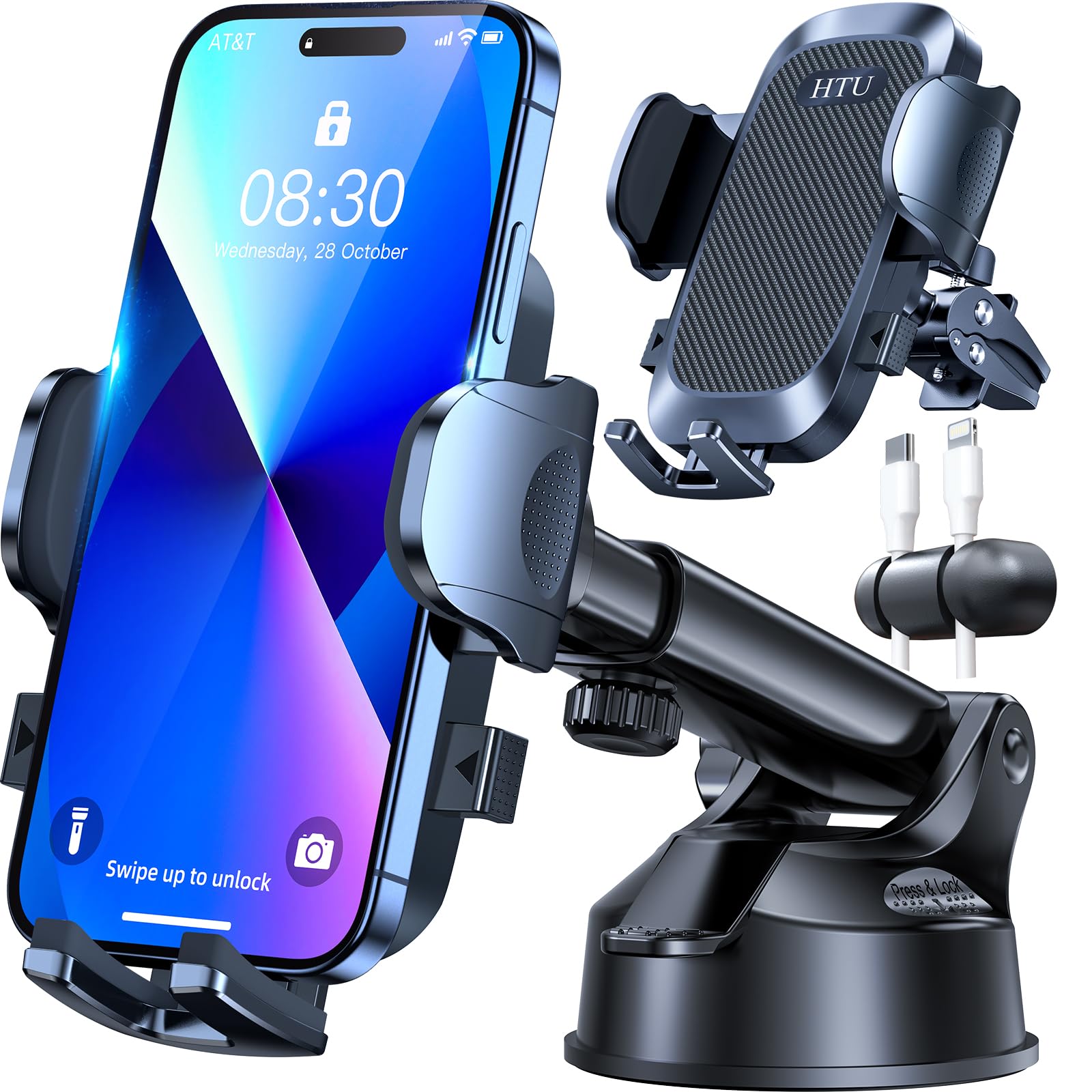 HTU【Militär-Klasse】4 in 1 Handyhalterung Auto【Stärkst Saugnapf & Clip】Federungskapazität 36KG 360° Drehbar Universale KFZ Autohalterung für iPhone 17 Pro Max 16 15 14 Samsung Galaxy S25,Blass Schwarz