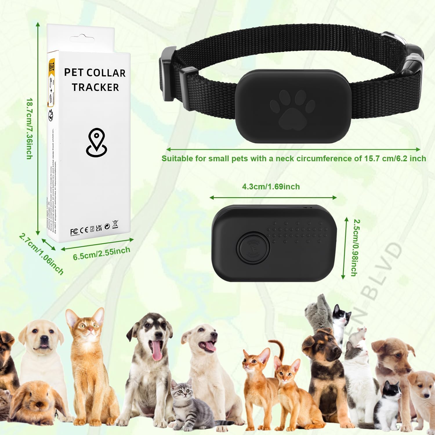 Localizzatore GPS per Gatti e Cani con Collare, Tracker Senza Abbonamento, Compatibile iOS e Android, Collare Regolabile Impermeabile Anti Smarrimento per Animali