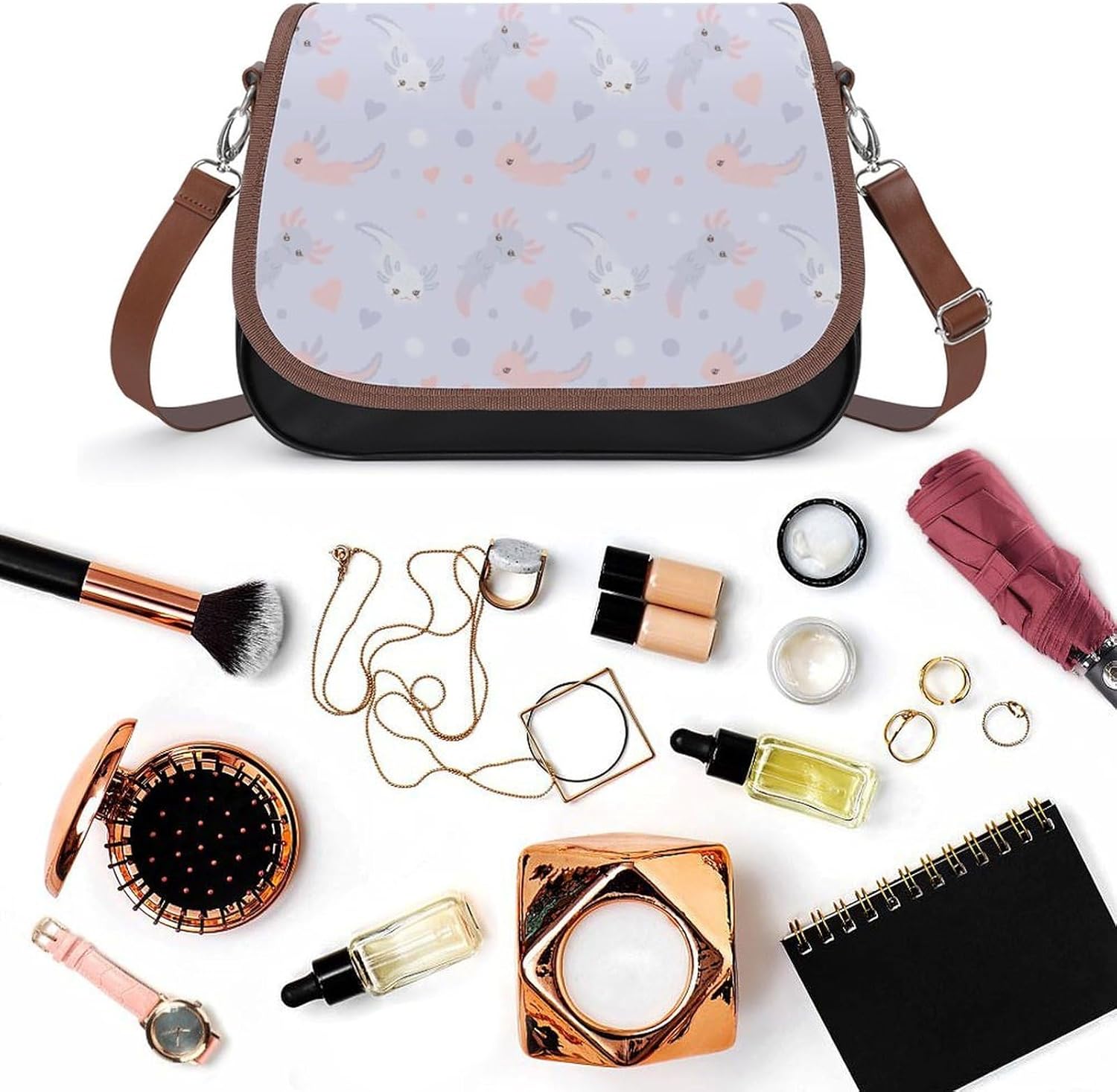 Cute AxolotlWomen's Faux Leather Crossbody Bag, Waterproof Wrinkle-Resistant Shoulder Bag with Detachable Strap, Large Capacity Casual Handbag, Fashion Daily Purse for Shopping Work Dating, Ideal Gift