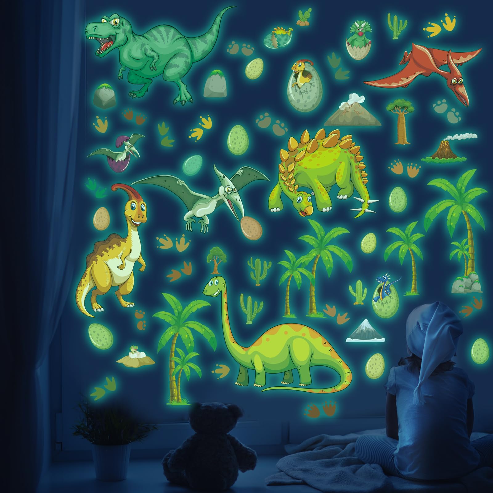 76 Autocollants Dinosaures Phosphorescents - Décor Mural Enfant Brillant Dans Le Noir, Chambre Bébé, Nursery