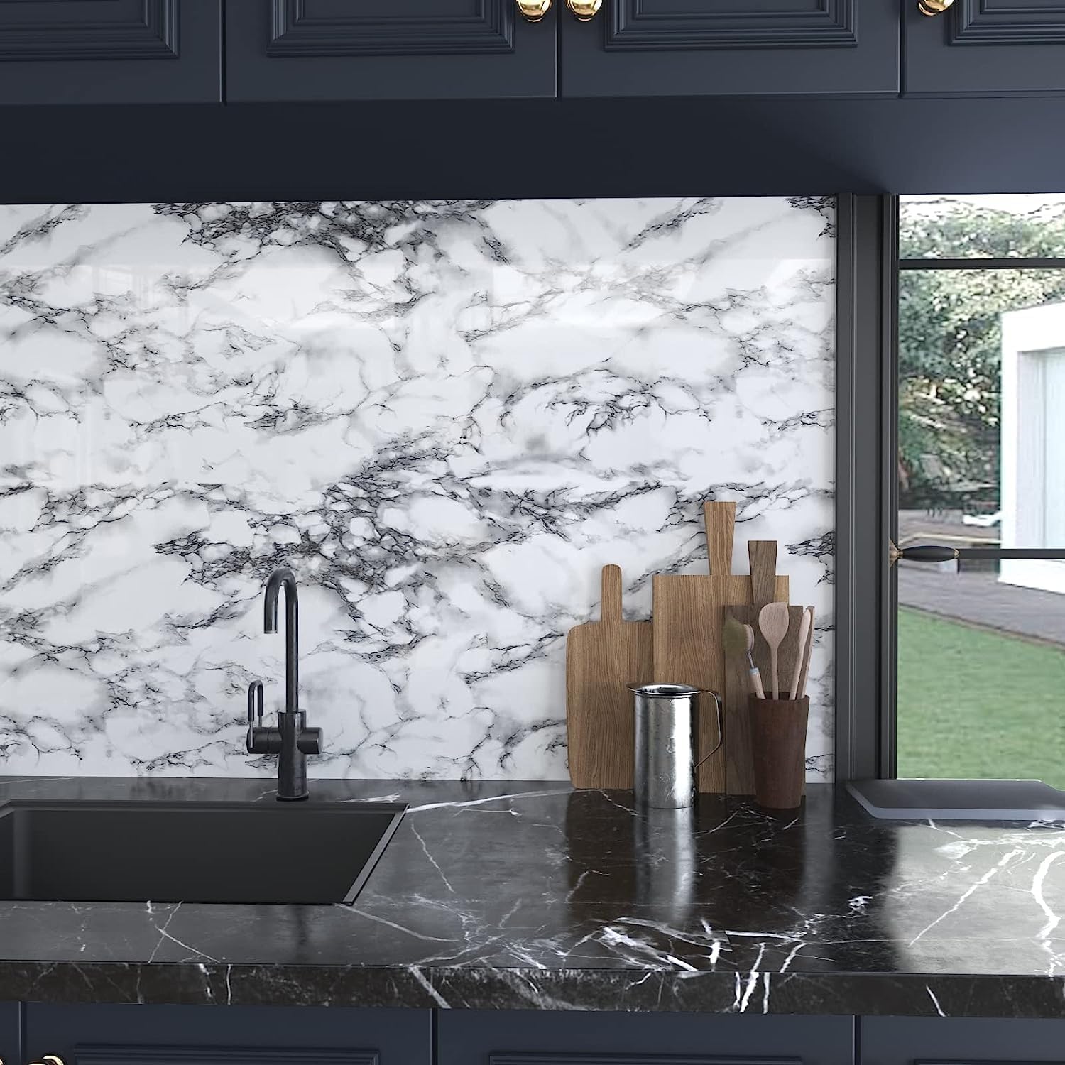 Laatse Black White Marble Contact Paper, 35.4"x 197" Marble Wallpaper Peel and Stick, Self-Adhesive Removable Waterproof Vinyl Wall Paper for Bedroom Bathroom Kitchen Countertops Table Shelf