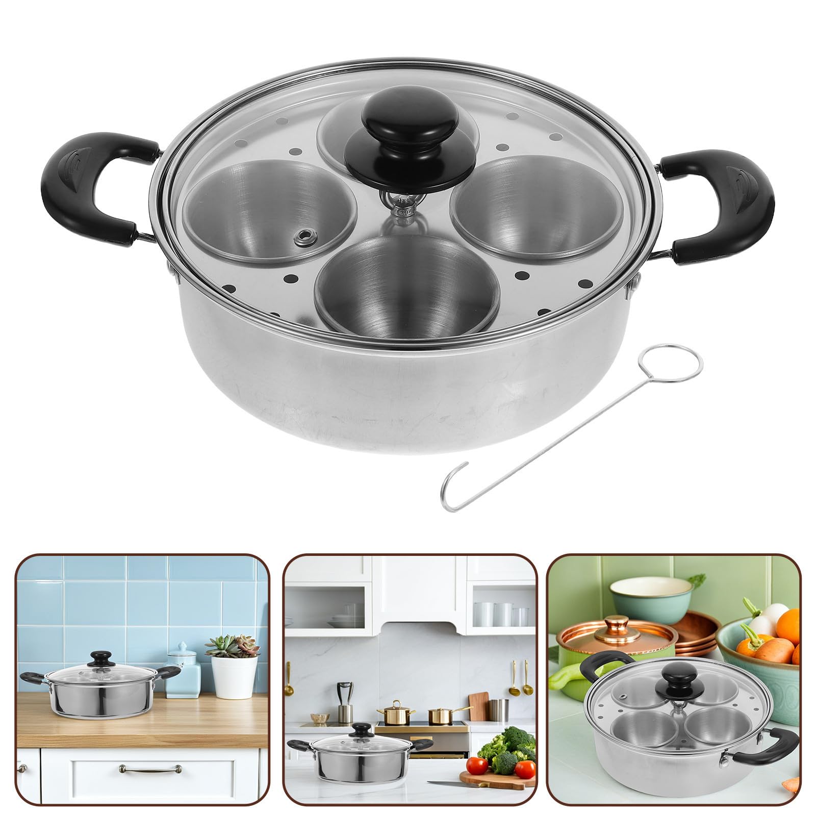 Operitacx Cocedor de Huevos al Vapor de Acero Inoxidable Plata 4 Tazas | Tazas Desmontables, Tapa con Asa, Formato Compacto para Cocina Doméstica y Espacios Reducidos