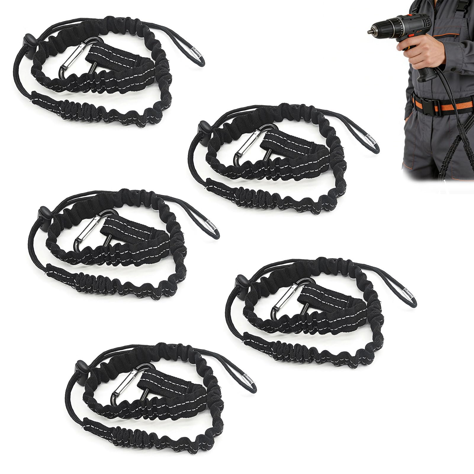 5Pcs Tool Lanyard For Working At Height with Spring Carabiner and Adjustable Loop,Retractable,90-130cm Stretch Length Maximum Weight Limit 10KG 22.04lb,Safety Tool Tether Fall Protection