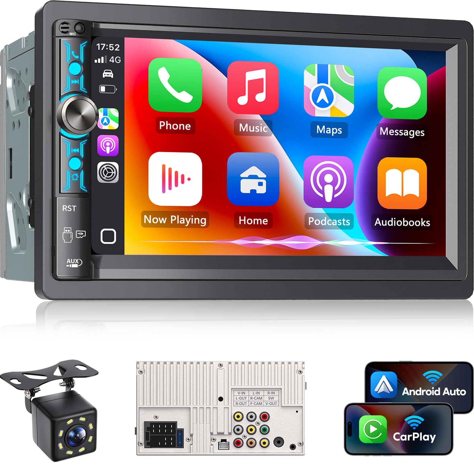 Kissound 7 inch double DIN car stereo with wireless CarPlay, USB-C, and backup camera