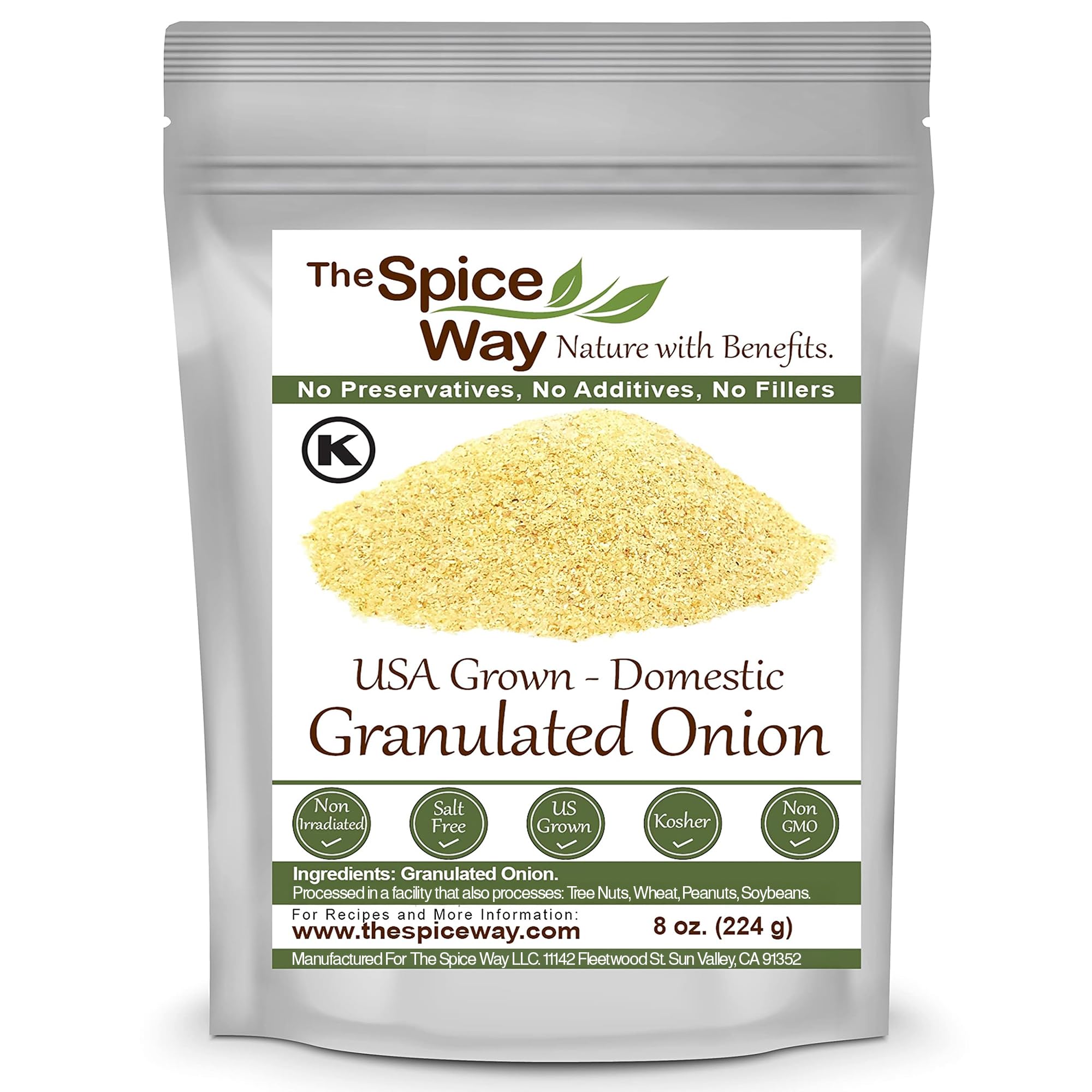 The Spice Way Onion Granules - domestic Granulated Onion (8 oz) a coarse powder, grown and packed in the US.