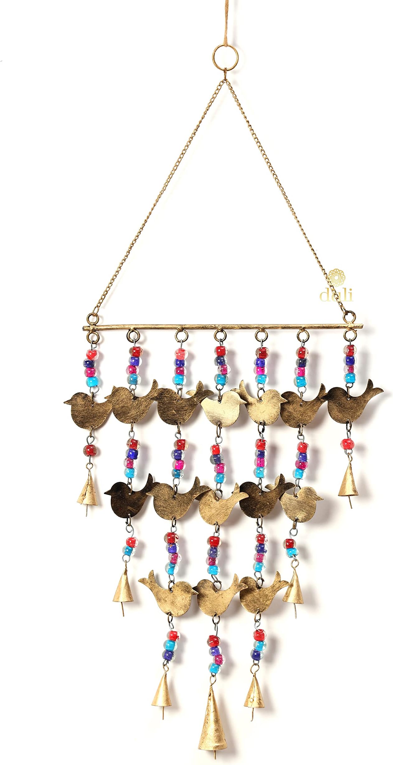 DULI Metal Windchime Wall Hanging, Feng Shui, Wall Art, Wall Decor, PositiveVibes, Rustic Wall Hangings, Wall Art,Diwali Decoration, Diwali Gifts (MetalHanging: BirdswithColorfulBeads)