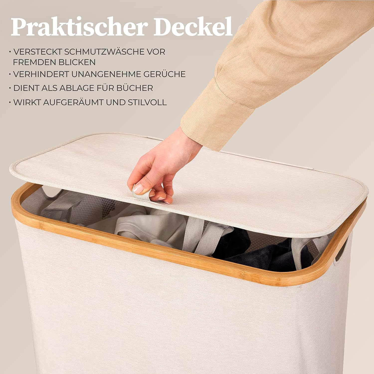 HENNEZ Wäschekorb mit Deckel 2 Fächer Wäschekorb Beige - Grau 140L Wäschesack schmal - Wäschesortierer Wäschebox Wäschetonne Wäschesammler mit Deckel Wäschetruhe Wäschekörbe laundry baskets