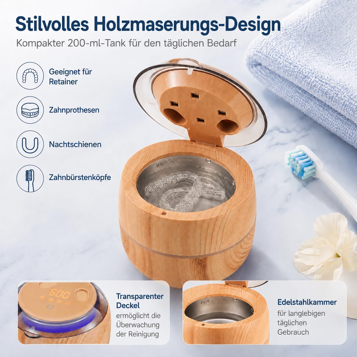 Voraiya Ultraschallreinigungsgerät mit LED-Anzeige, 200ml Ultraschallreiniger Dental Pod 4-UV Effektiver Gebissreiniger für Mundschutz Zahnprothesen Zahnspangen Zahnersatz (Holzton‌)