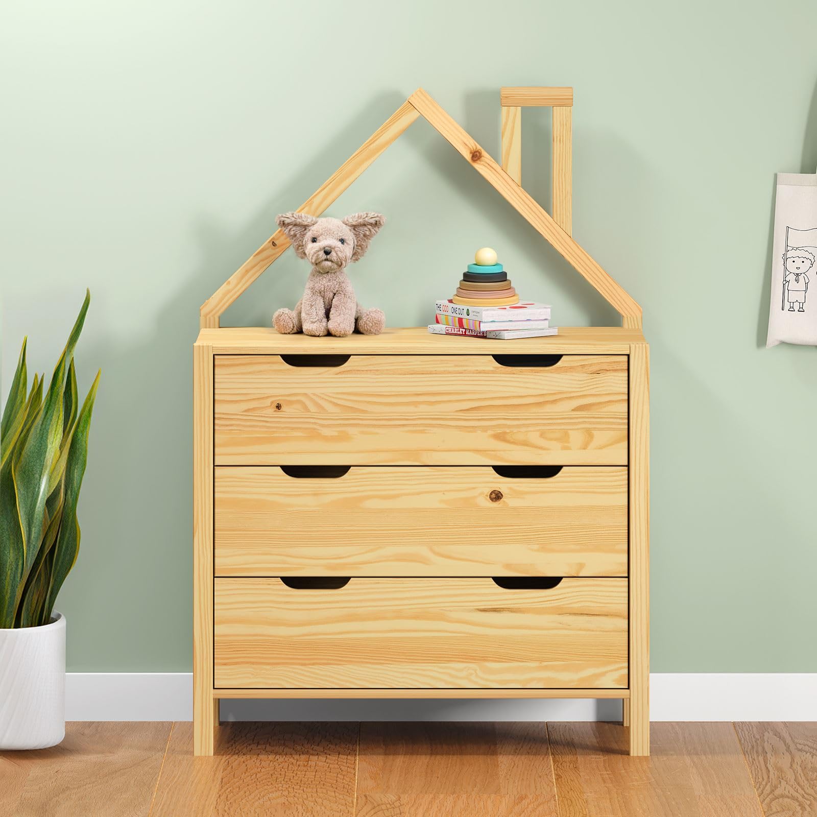 IDIMEX Commode Enfant ELANO en Bois Massif Coloris Naturel avec 3 Tiroirs de Rangement, 84 x 120 x 41 cm, Meuble Chambre en Forme de Maison, Style Montessori, pour Fille ou garçon