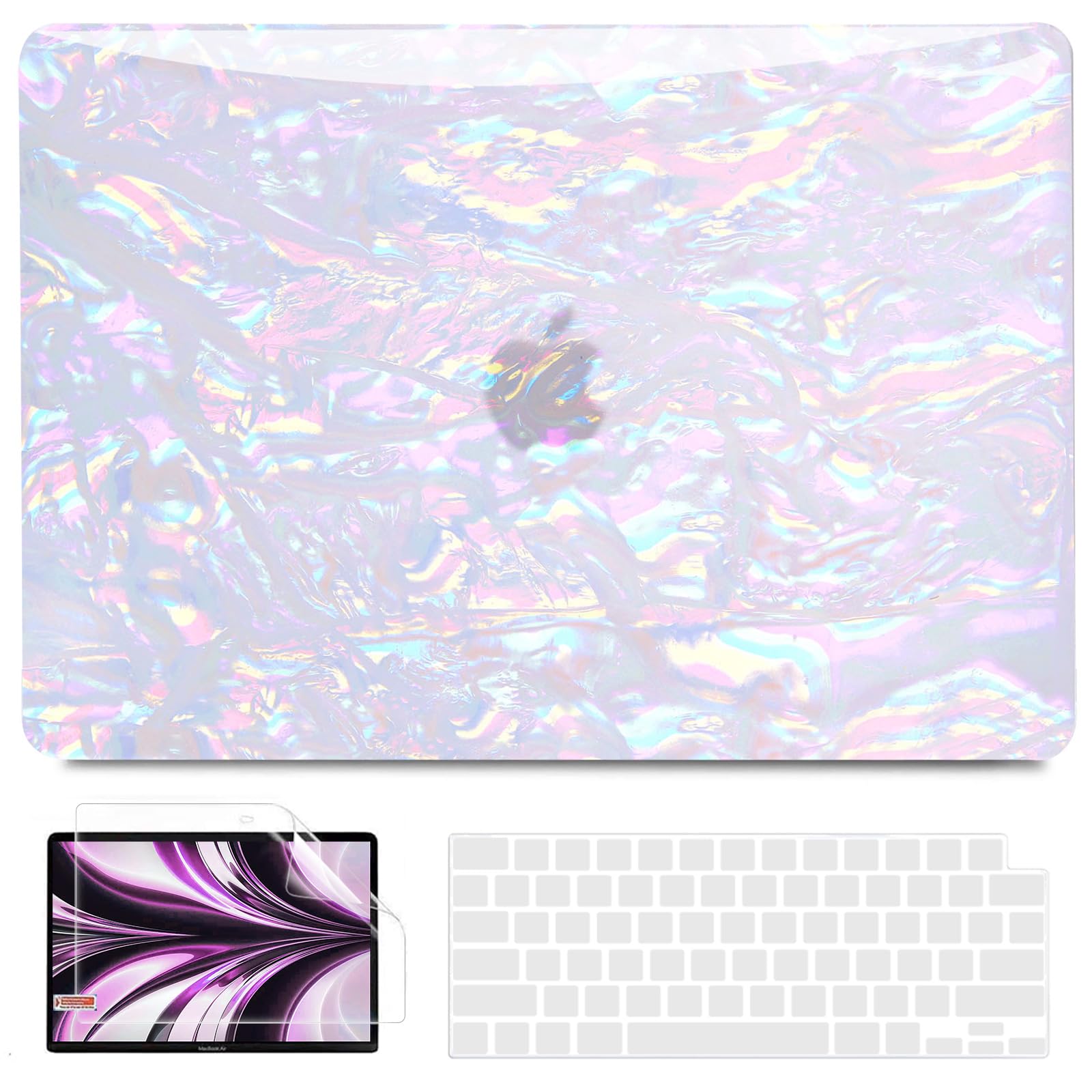 B BELKB BELK Compatible with MacBook Air 13.6 inch Case 2024 2023 2022 Release M3 A3113 M2 A2681 Liquid Retina Display & Touch ID,Plastic Hard Shell Case+ Keyboard Cover+ Screen Protector,Shiny Iridescent