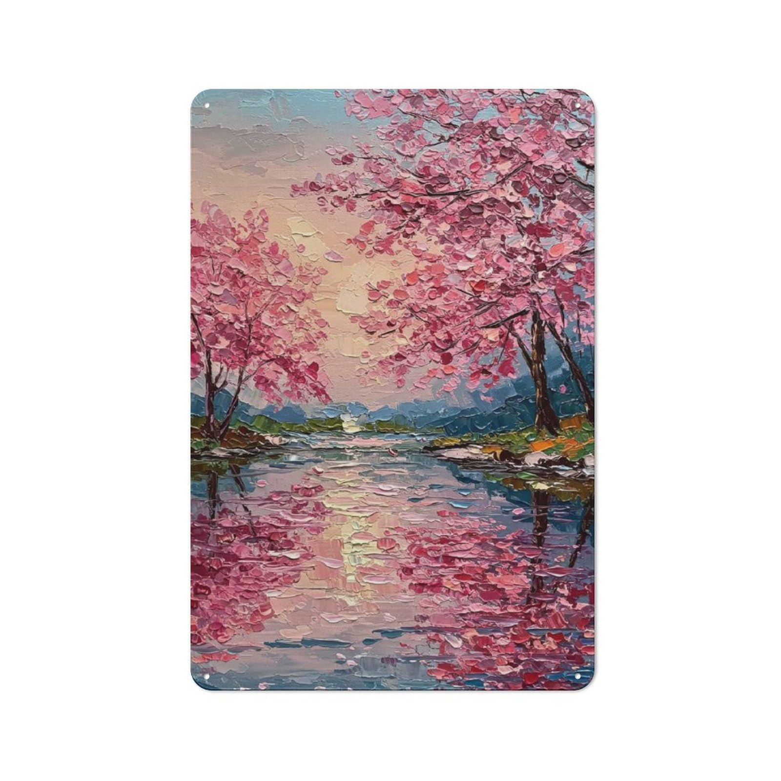 Junmoney Style-7 For Hobby Room Or Studio, Cherry Blossom River Oil Painting Retro Metal Sign 30X20cm, A Decorative Gift For A Newly Furnished Hobby Room And Studio