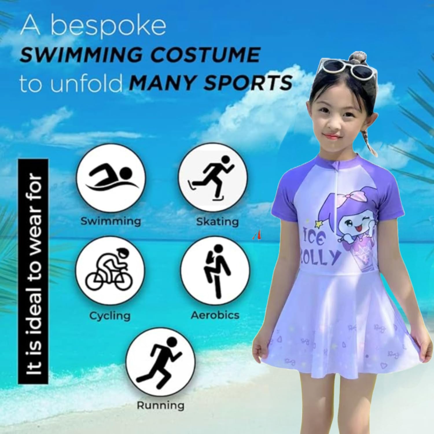 JMT Wear Kids Unisex Swimwear for Boys & Girls | Quick Dry Stretch Swimming Costume | Comfortable Pool & Beach Wear | Multiple Designs & Sizes(Frock Blue,8-9 Y) 1