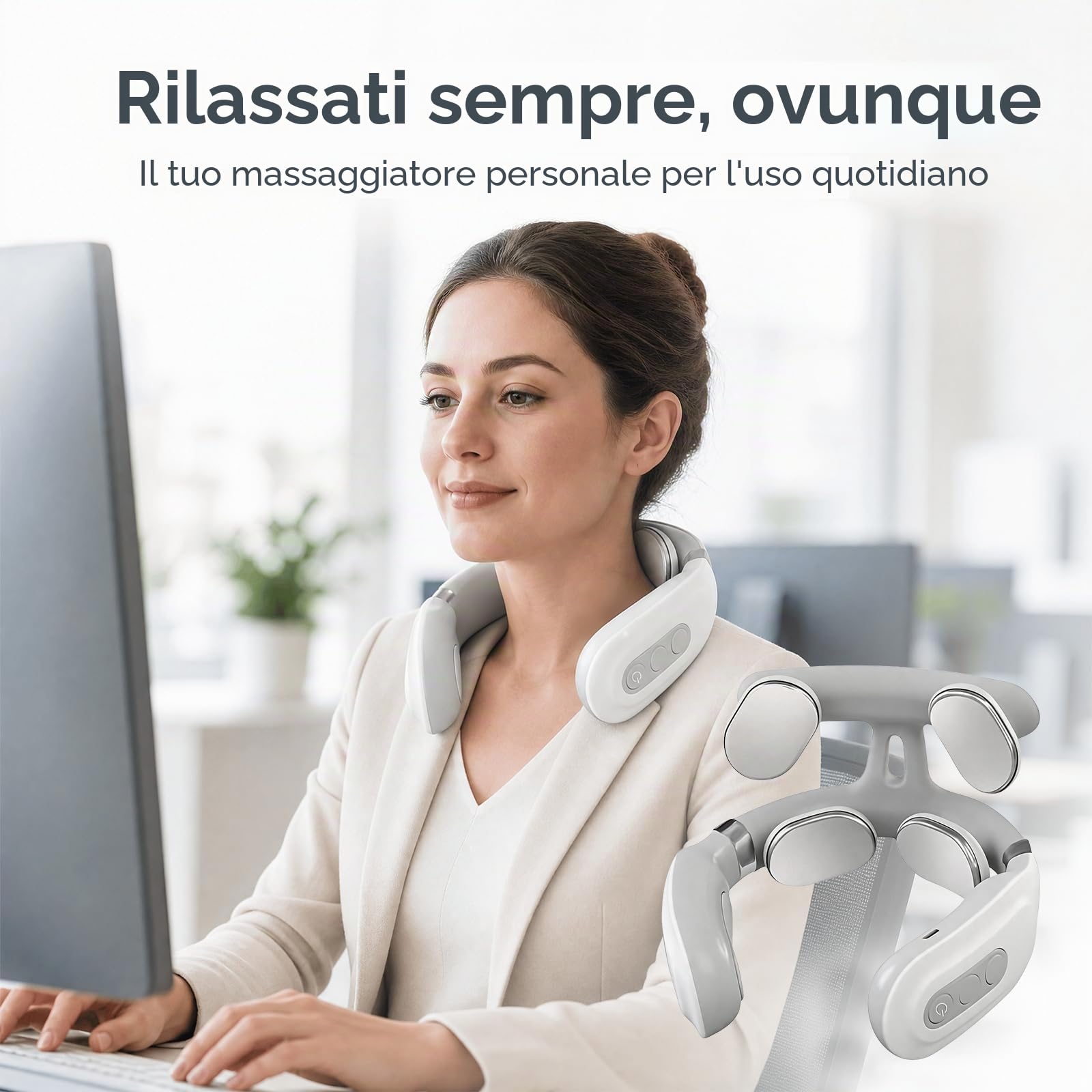 Massaggiatore per il collo con calore e impulsi, massaggiatore elettrico senza fili, 6 modalità e 16 livelli di potenza, piccolo e portatile, riduzione della pressione, rilassamento dei muscoli (1