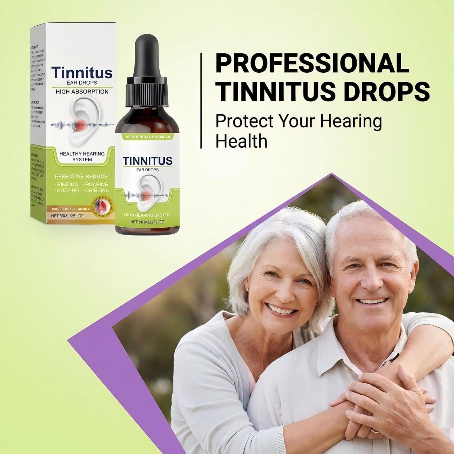 Tinnitus Relief for Ringing Ears, Natural Ear Ringing Relief Drops for Buzzing & Clicking - Herbal Ear Care Treatment to Soothe Ear Ache & Itching - Improves Hearing Comfort, 2 Fl Oz (60ml)