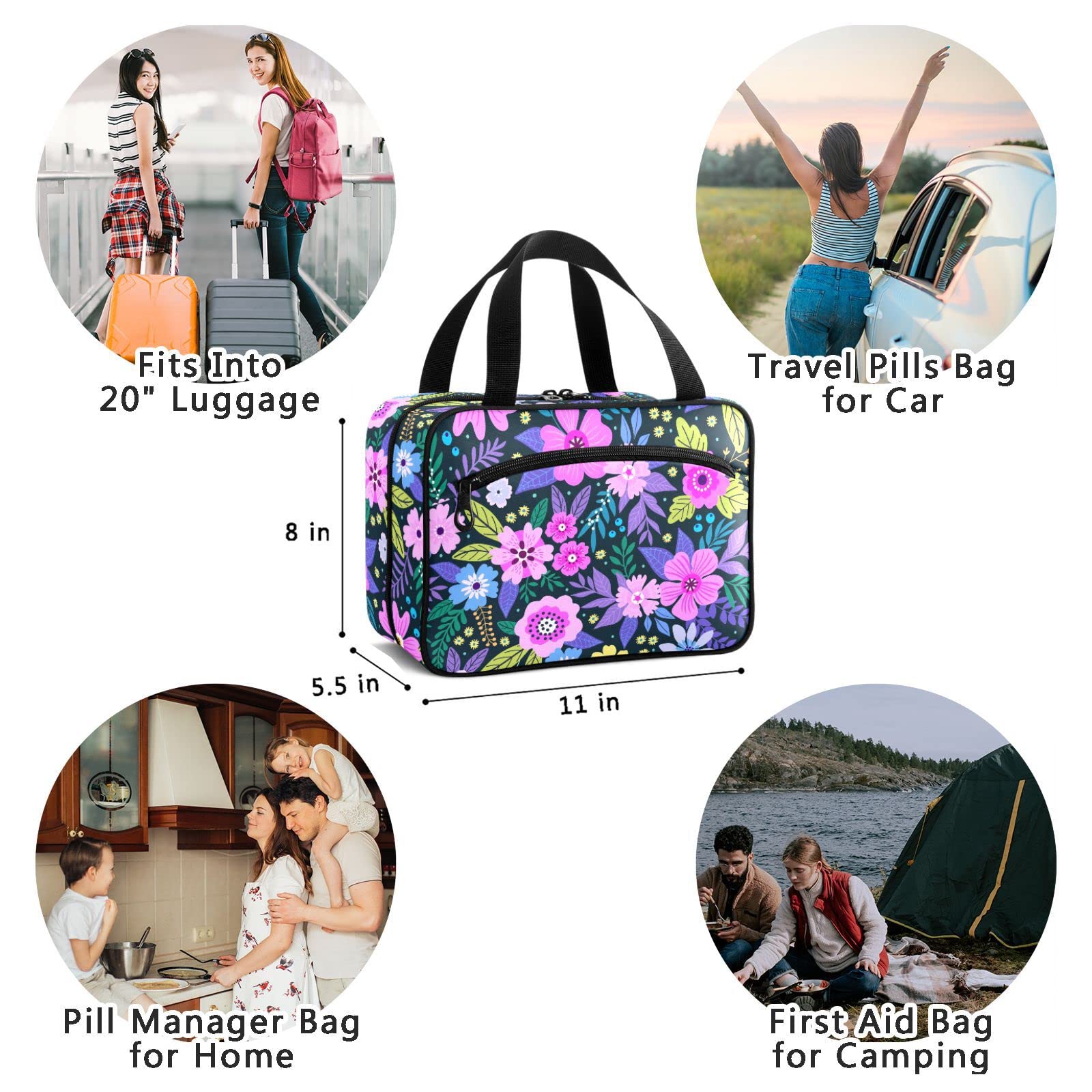 Naanle Pill Organizer Bag Travel Pill Bottle Medicine Organizer Home Storage Medication Bag for Vitamin Supplements, Purple Floral Empty First Aid Bag for Car Camping