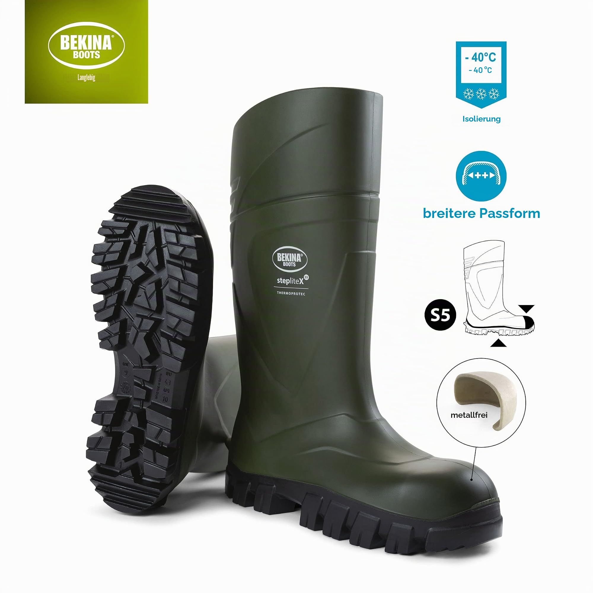 Steplite XCI S5 Robuste Sicherheitsstiefel für Herren und Damen, Sicherheitskappe und Sicherheitssohle, metallfrei, Arbeitsstiefel zum Angeln, leicht, rutschfest, Winterstiefel isolierend, grün, EU 44
