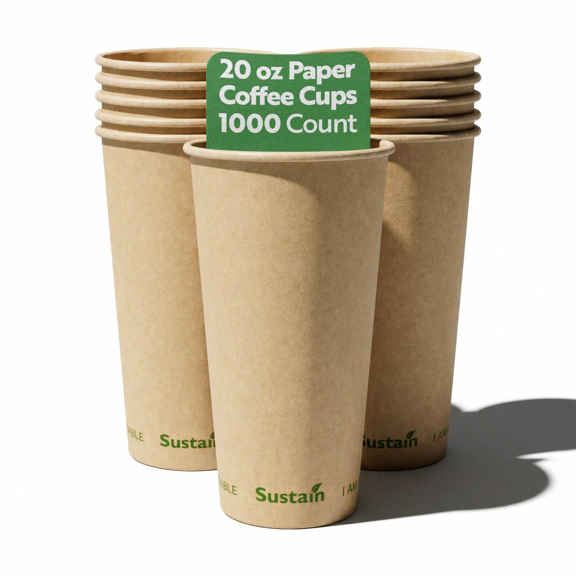 Restaurantware-Sustain 20 Ounce BPI-Certified Hot Cups, 1000 Single Wall Coffee Cups - Lids Sold Separately, Leakproof PLA Coating, Compostable Kraft Paper Cups, For Hot Or Cold Drinks
