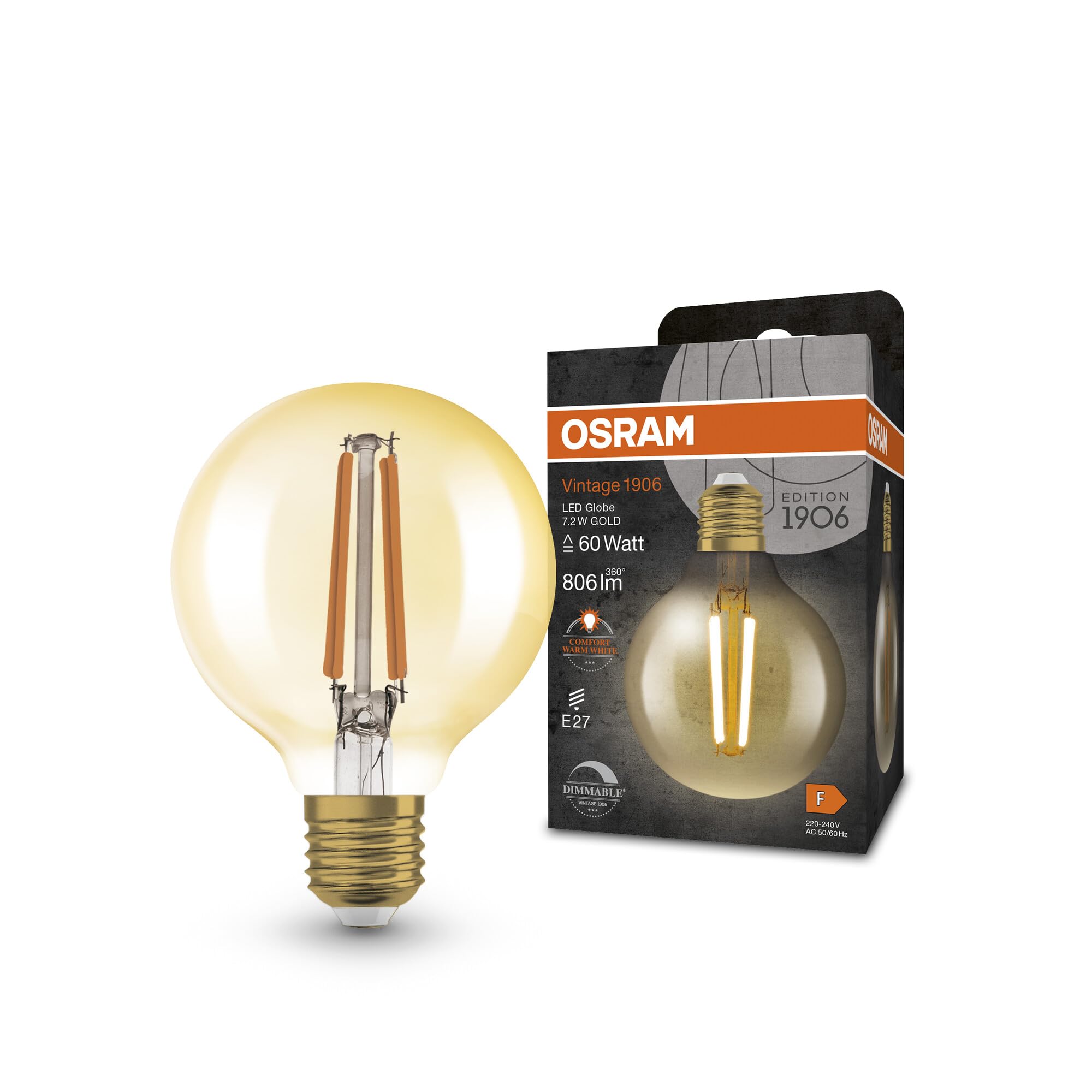 OSRAM Vintage 1906® Classic GLOBE80 FIL 60 LED lamp, E27, dimmable, Spherical, Gold, 7.2W, 806lm, 2400K, Reduced Warm White Light, Low Energy Consumption, Long Life