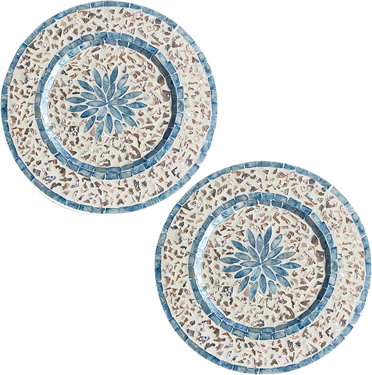 i-lan Set of 2 Blue Mother of Pearl Charger Plates (13 Inch) - Handcrafted Round Wooden Service Trays with Iridescent Shell Mosaic, Decorative Centerpiece for Dining Table & Wedding