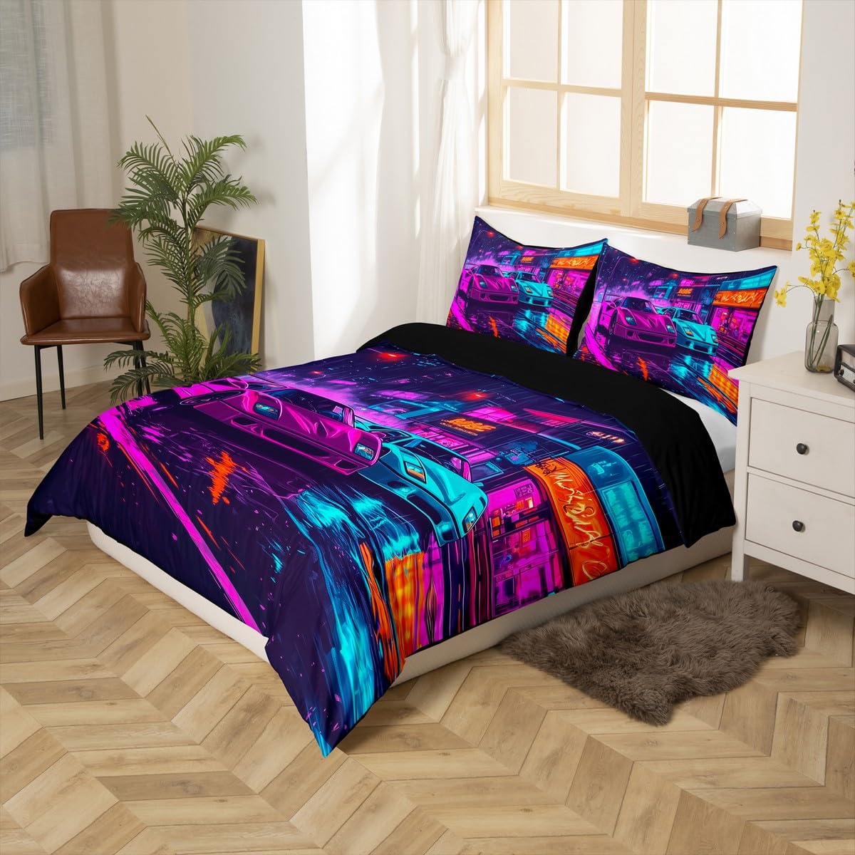jejeloiu Race Car Bedding Set Toddler Size Extreme Sports Comforter Cover Set for Boys Girls Teens Speed Sports Car Duvet Cover Racing Car Bedspread Cover Room Decor Teal Rose Quilt Cover,No Comforter