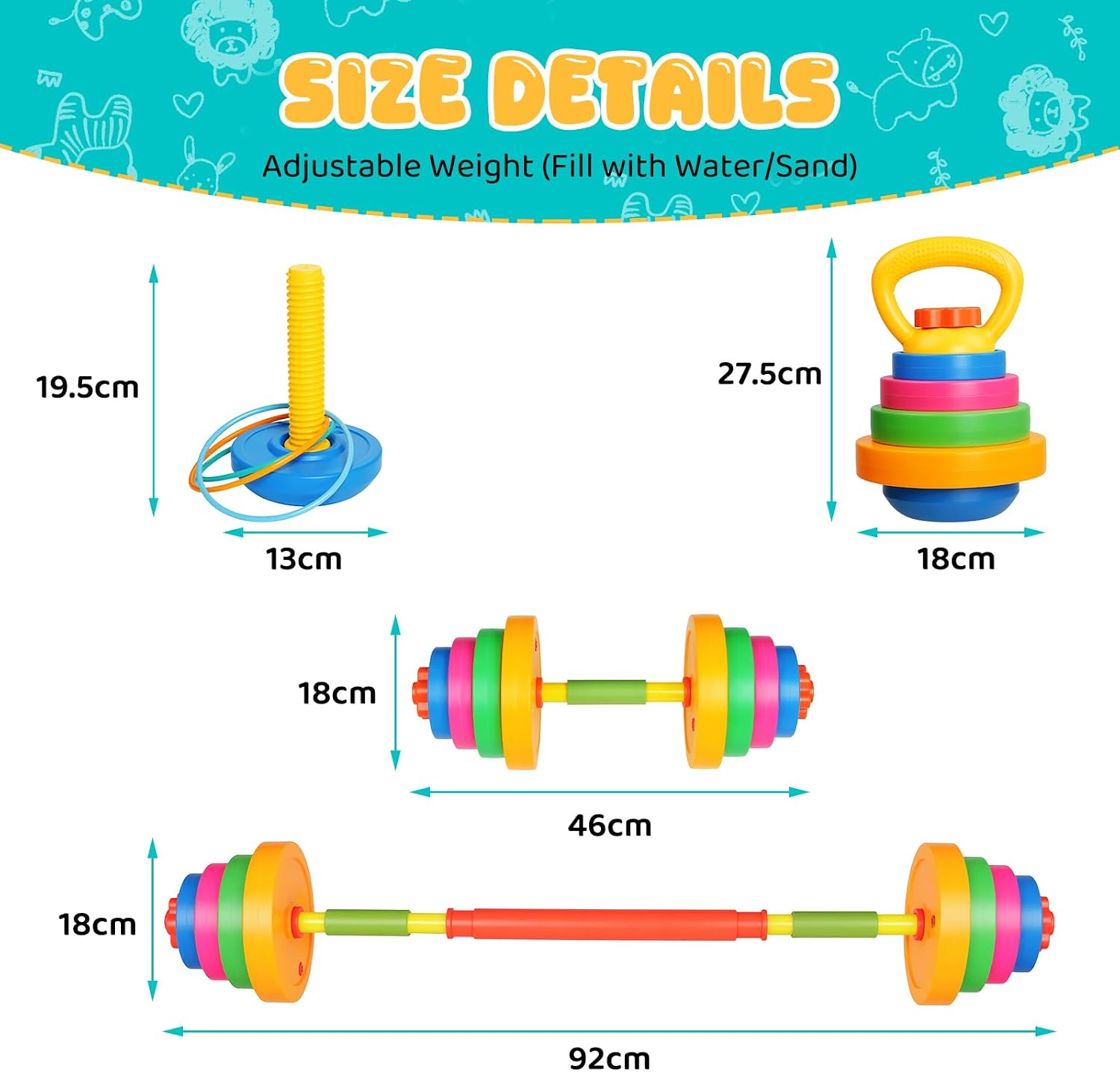 5-in-1 Kids Exercise Weight Set - Adjustable Fillable Kids Workout Equipment with Barbell, Dumbbells, Toy Kettlebell and Ring Toss - Toddler Gym Set Gift for Boys Girls Ages 3-8