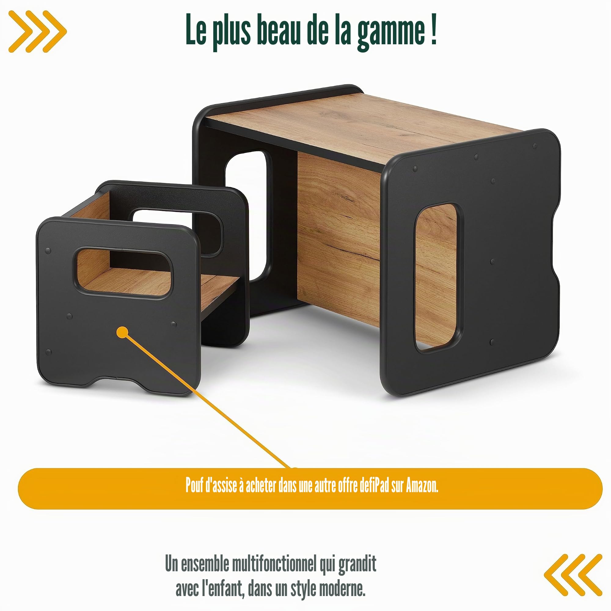 defiPad Banc en Bois évolutif pour Enfants - Modulable en Table et siège - 2 hauteurs d'assise - Élément de mobilier pour Aire de Jeux (Noir + Chêne)