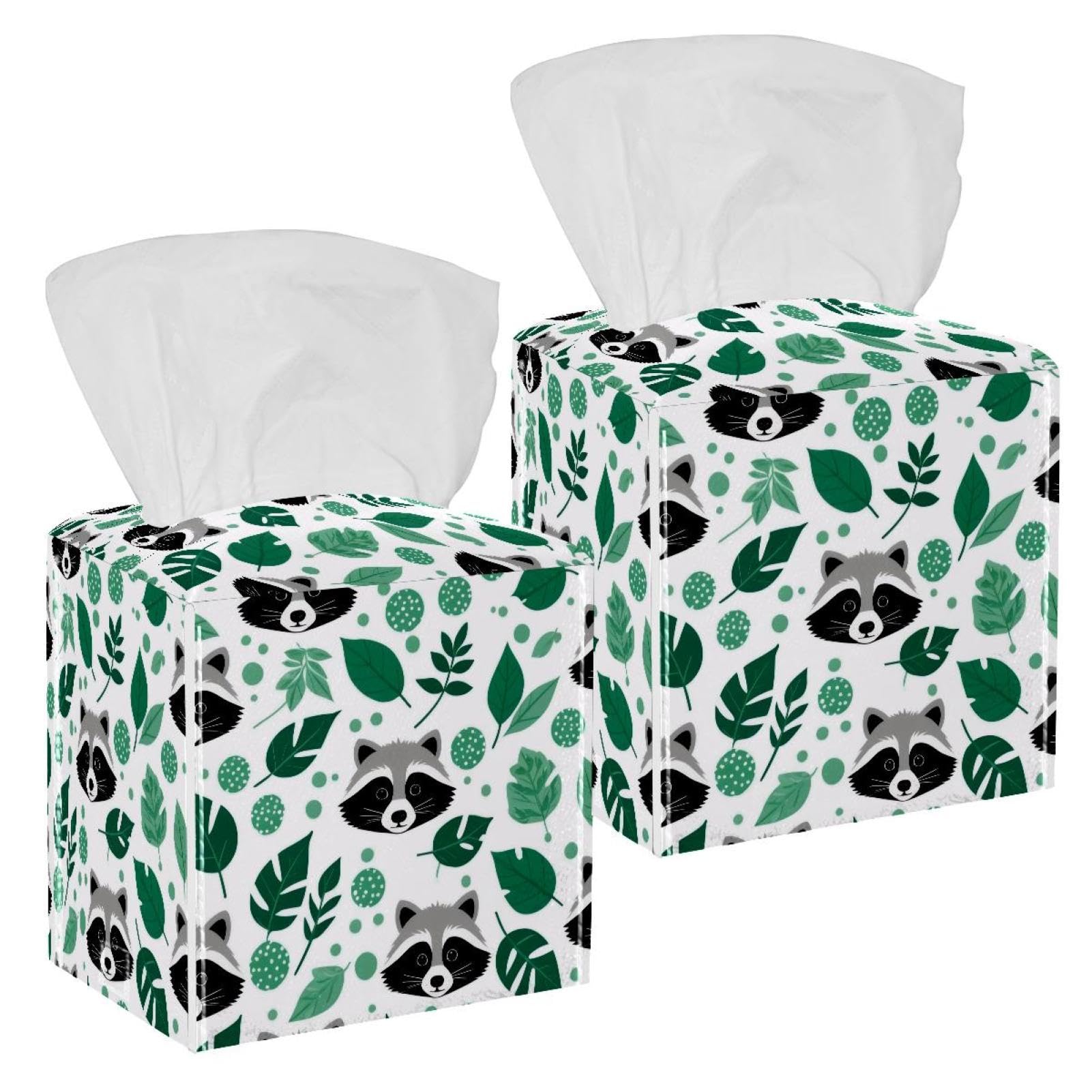 Raccoon Tissue Box Cover, 2 Pack PU Leather Square Facial Tissue Dispenser Box holder for Home Office Car